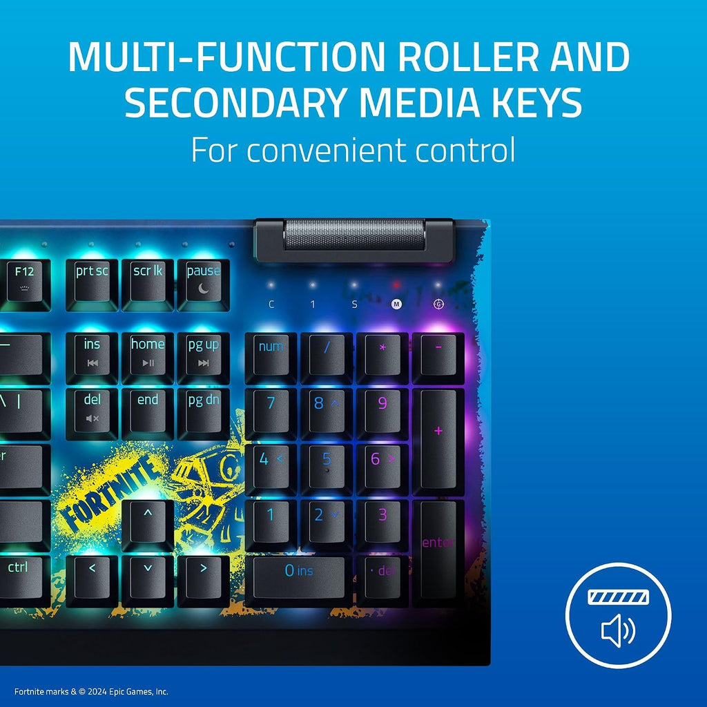Razer BlackWidow V4 X Mechanical Gaming Keyboard: Yellow Switches Linear & Silent - 6 Macro Keys - Chroma RGB - Doubleshot ABS Keycaps - Roller & Media Keys Snap Tap - Fortnite Edition