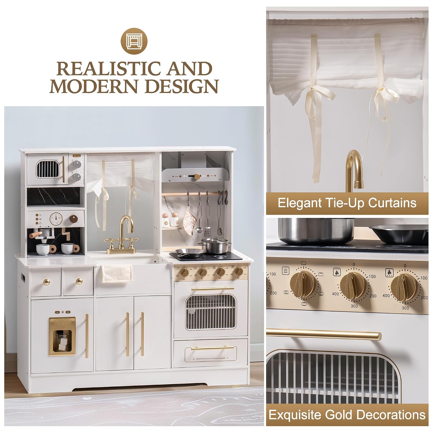 ROBOTIME Pretend Play Kitchen for Kids, Wooden Toy Kitchen with Ice Maker, Coffee Machine, Oven & Accessories – Fun Kitchen Set for Girls & Boys Age 3+