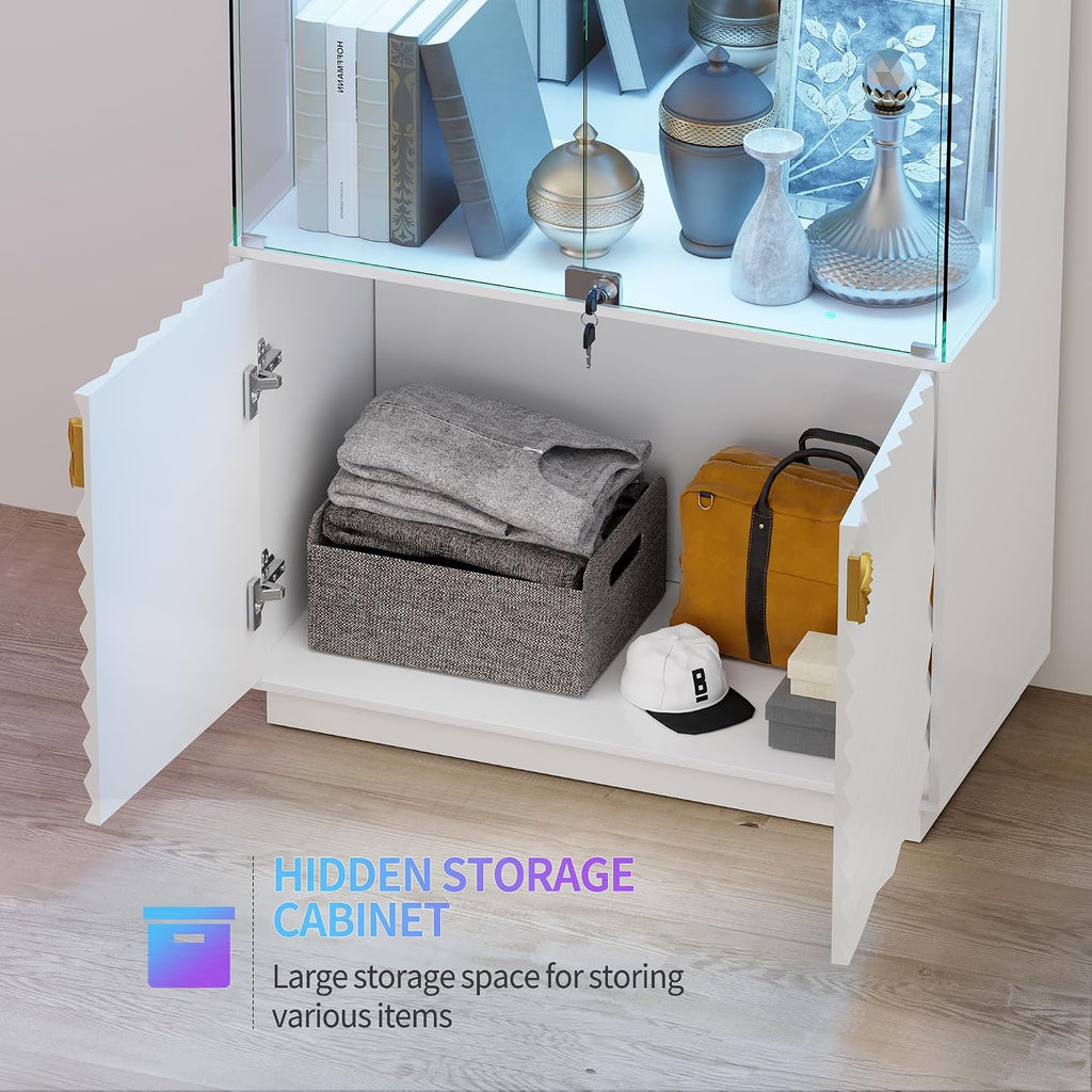 HNEBC Display Cabinet with Glass Doors - 71' High Gloss Curio Cabinet with Adjustable Glass Shelf, Lockable Display Cases with RBG Lights and Human Body Sensor for Collectibles, White