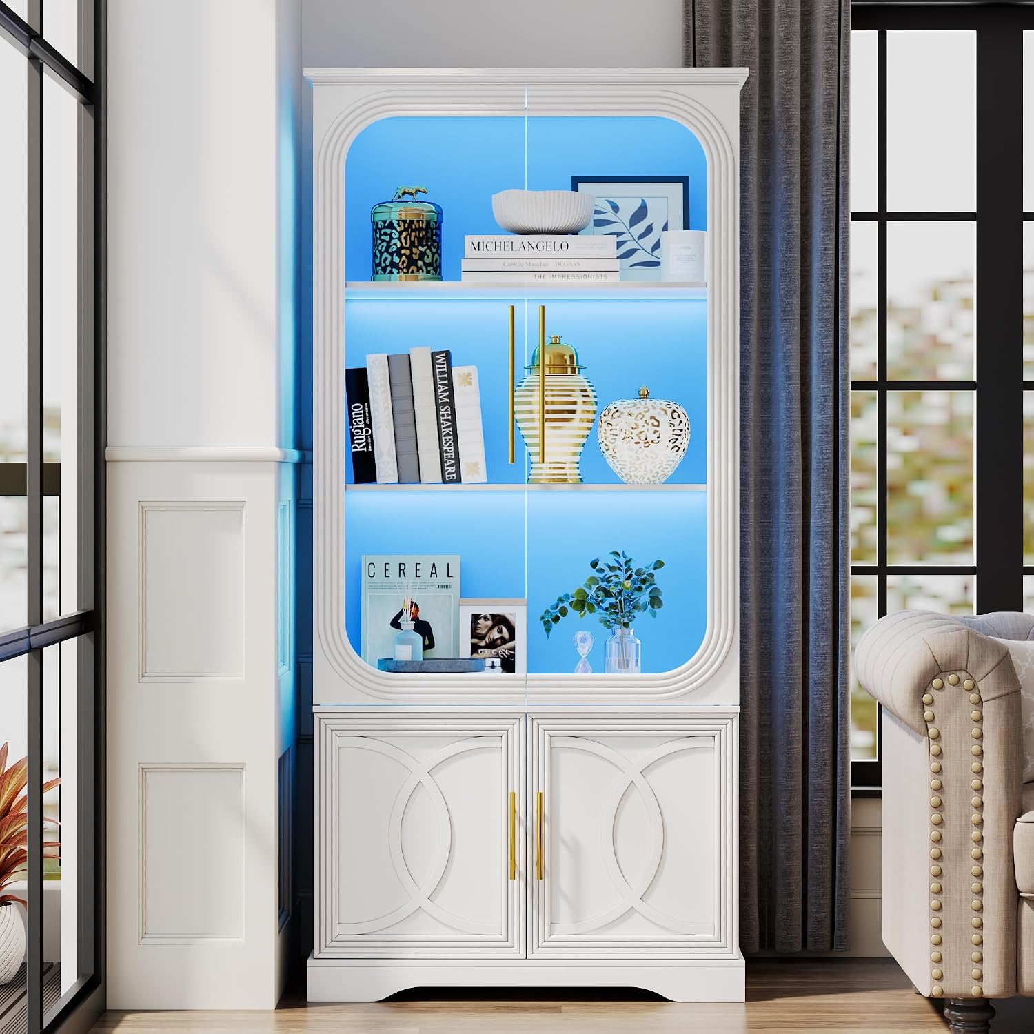 69' Tall Display Cabinet with Glass Doors, Curio Cabinet with 3 LED Lights and Human Body Sensor, Glass Display Case with Storage Cabinet for Living Room, White