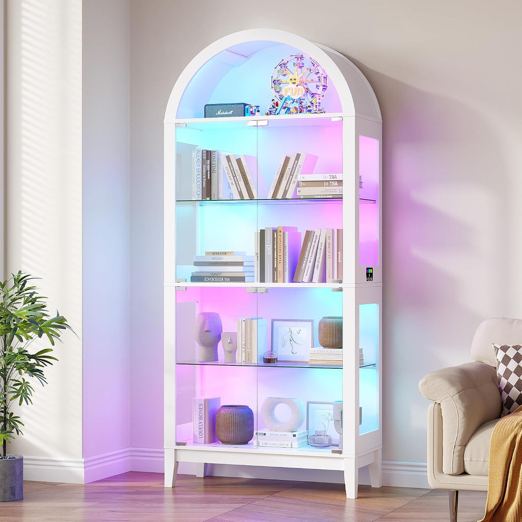 HNEBC Arched Book Shelf with Glass Doors, LED Bookcase with RGB Lights, 5 Tier Cabinet Has 9-Cube Storage, 69' Display Cabinet for Music-Synced Lighting Living Room,Bedroom(White)