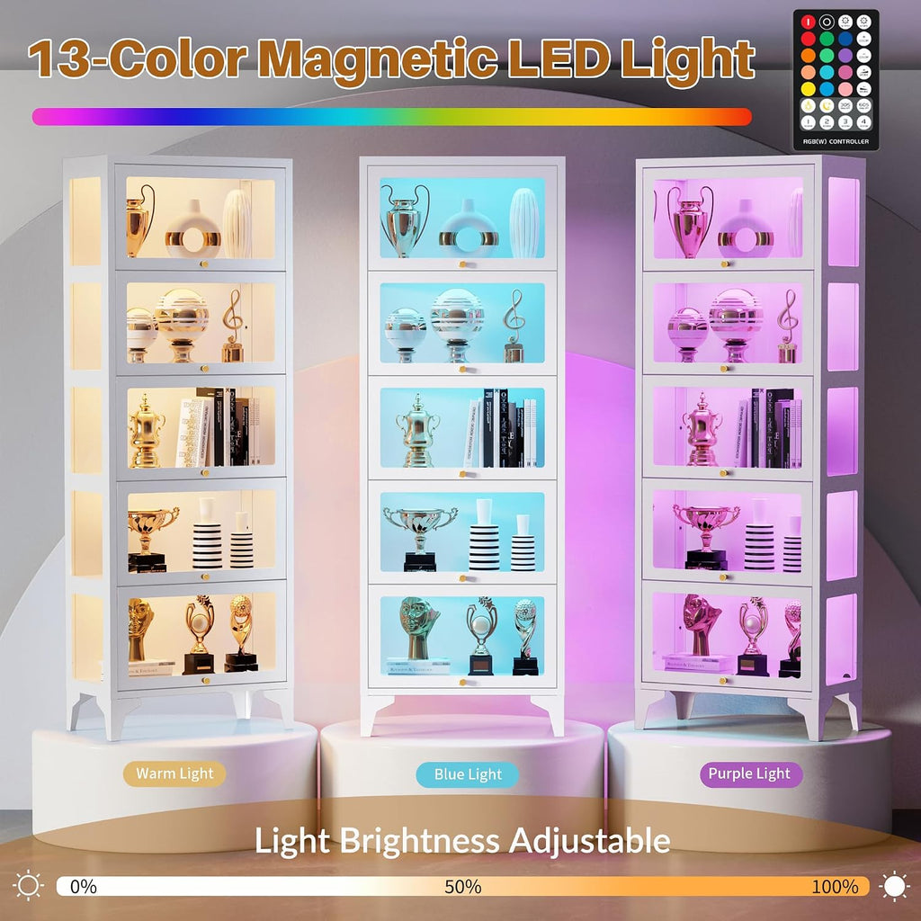 5 Tier Glass Display Cabinet with Flip-Up Doors, 67' Curio Cabinet with 13-Color LED Lights, 3-Side Tempered Glass Display Case for Books, Collectibles, Figures, White