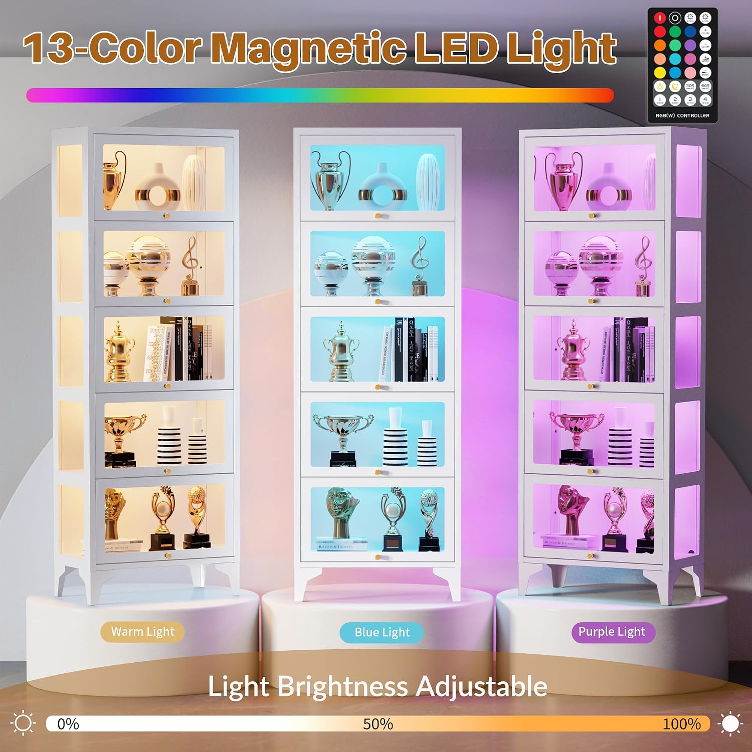 5 Tier Glass Display Cabinet with Flip-Up Doors, 67' Curio Cabinet with 13-Color LED Lights, 3-Side Tempered Glass Display Case for Books, Collectibles, Figures, White