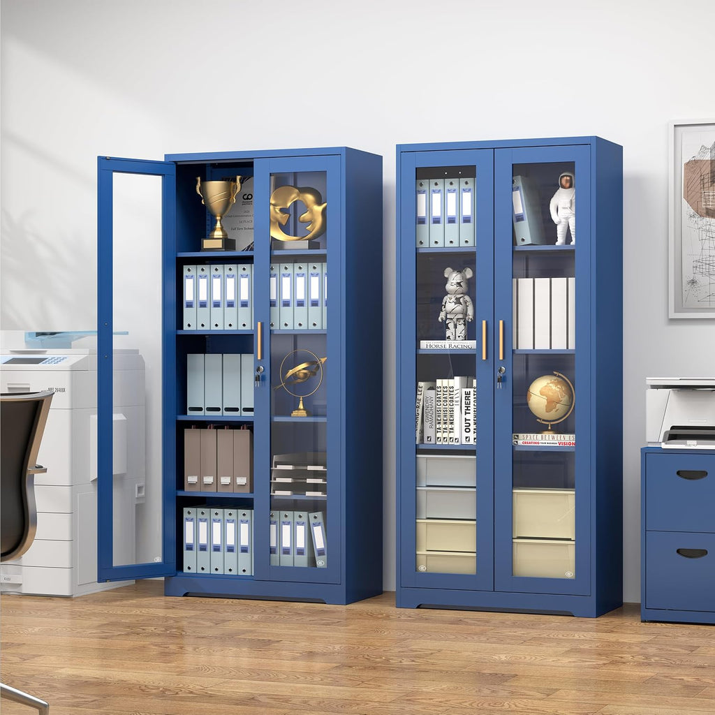 Polup Curio Cabinets with Glass Doors, 71' Glass Display Cabinet with Lock, Tall Bookcase with Adjustable Shelves, Locking China Cabinet for Living Room, School, Commercial, Office, Plant, Blue