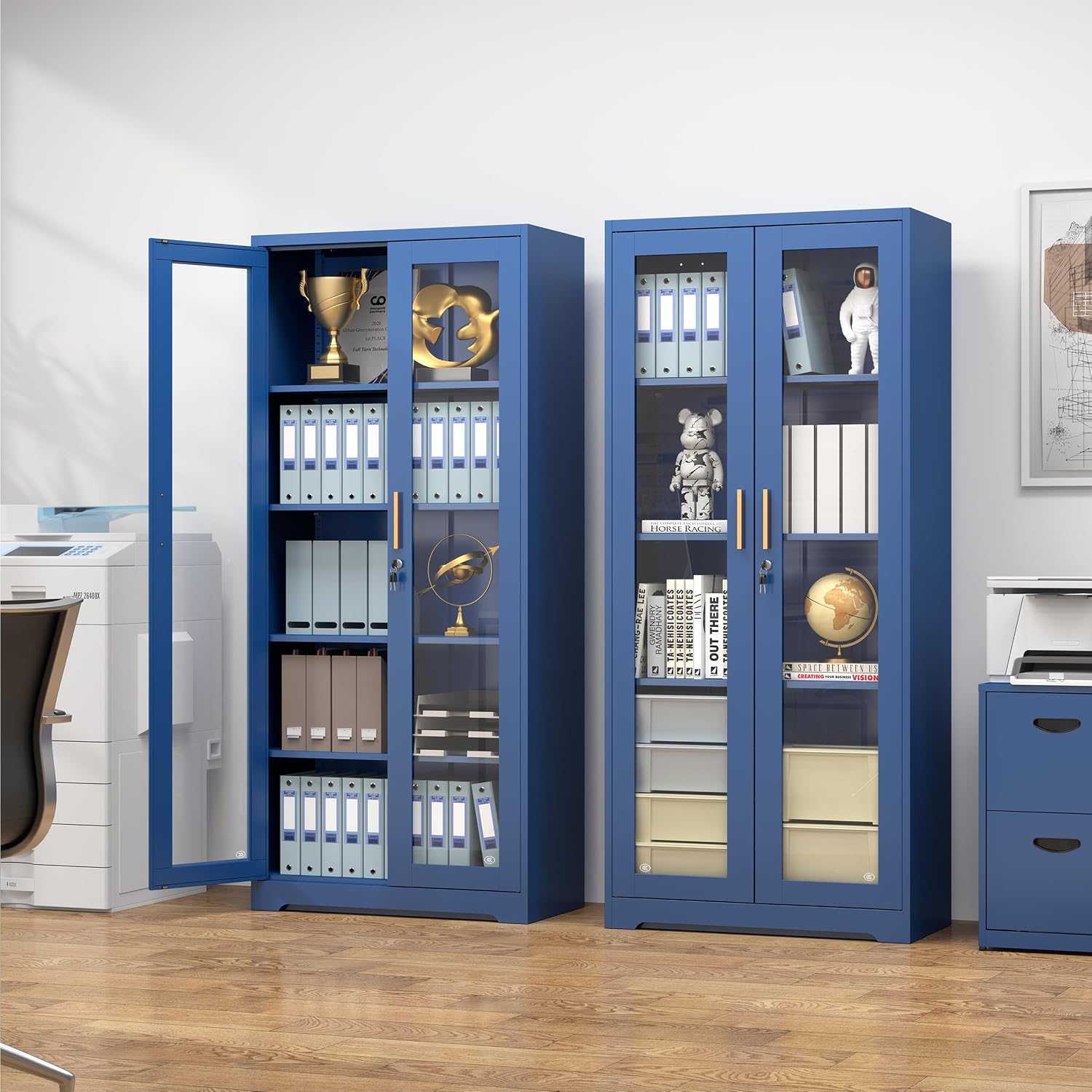 Polup Curio Cabinets with Glass Doors, 71' Glass Display Cabinet with Lock, Tall Bookcase with Adjustable Shelves, Locking China Cabinet for Living Room, School, Commercial, Office, Plant, Blue