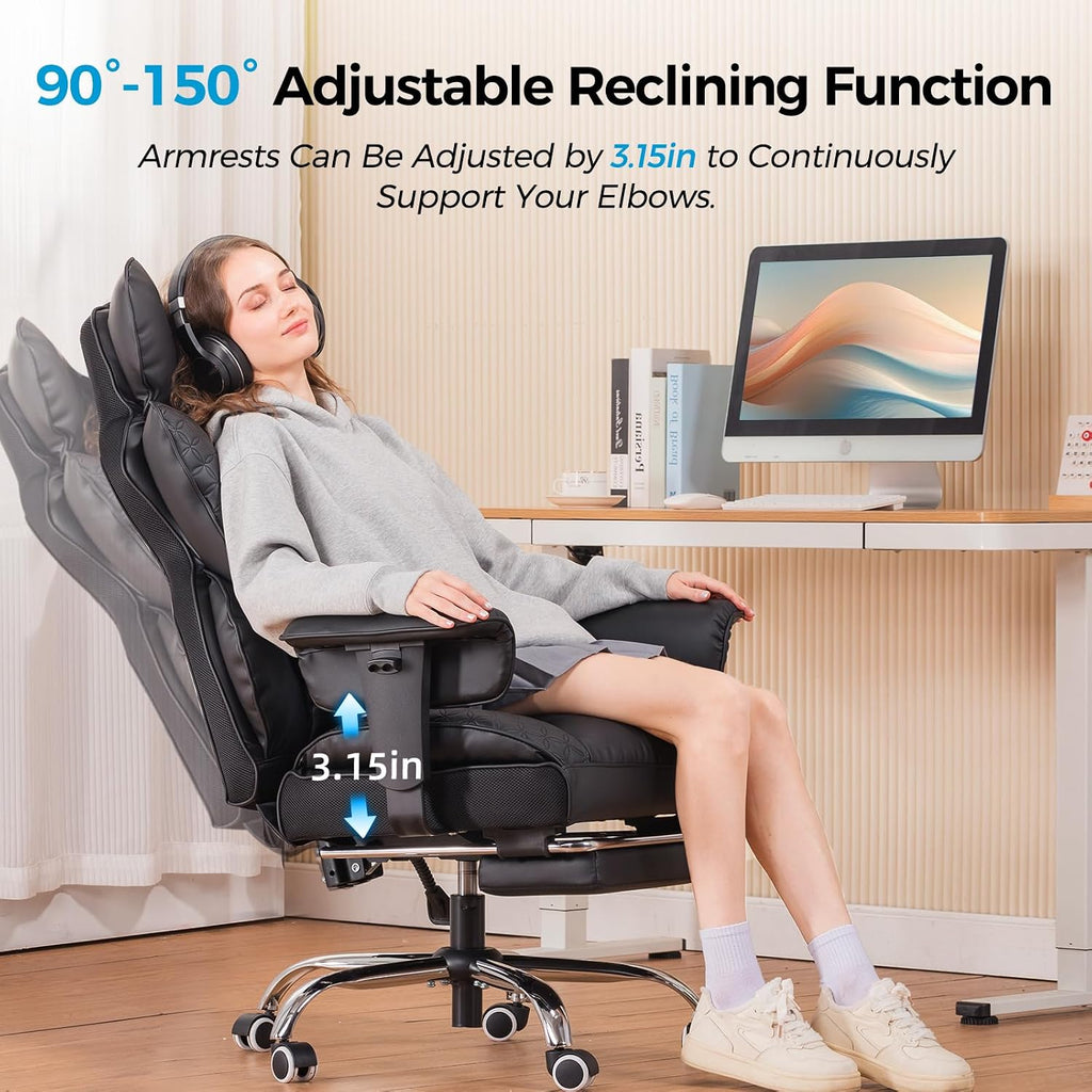 COMHOMA Big and Tall Office Chair Heavy Duty Wide Ergonomic Gaming Chair with Deluxe Embossing Leather with Foot Rest 150°Reclining Adjustable Armrests Pocket Spring Back Support and Without Pillow