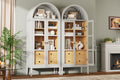 AMERLIFE Set of 2 71' Tall Arched Storage Cabinet with Glass Doors & Drawers, Modern Bookshelf with Adjustable Shelves, Elegant Display Cabinet for Living Room, Kitchen, White