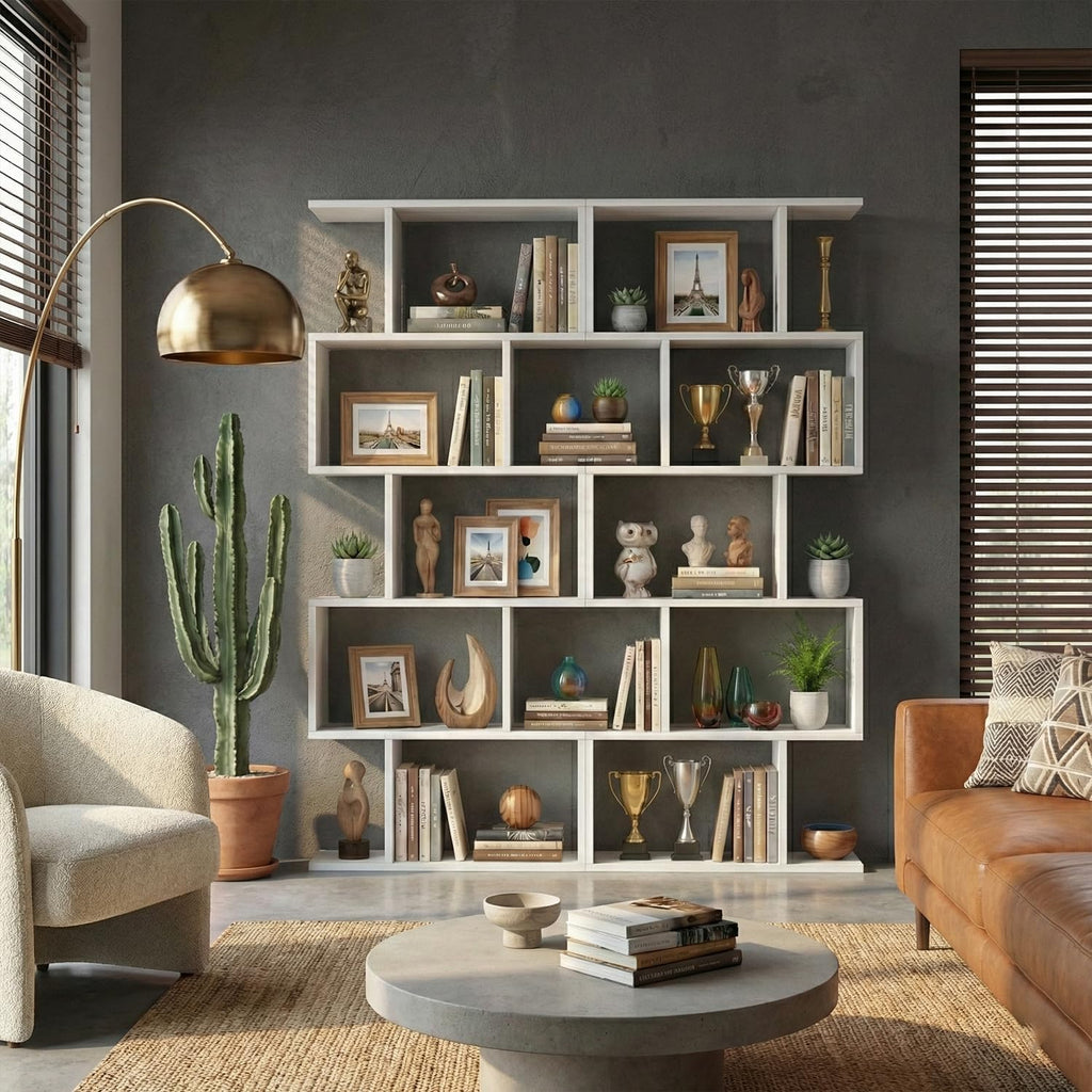 DIYART 5-Tier Geometric Bookcase (Set of 2), 62.6' Tall S-Shaped Bookshelf & Room Divider, Modern White Freestanding Display Shelving Unit for Living Room, Hallway, Home Office