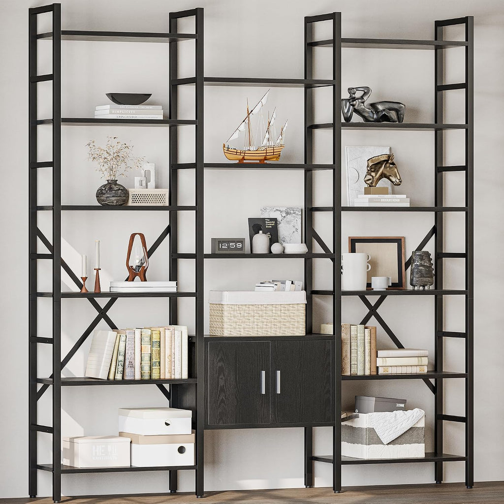 70x78 ' Triple 6 Tier Book Shelf, Industrial Large Bookcase with Storage Cabinet, Tall Bookshelf with 16 Open Display Shelves Metal Frame Furniture for Living Room Bedroom Home Office Black