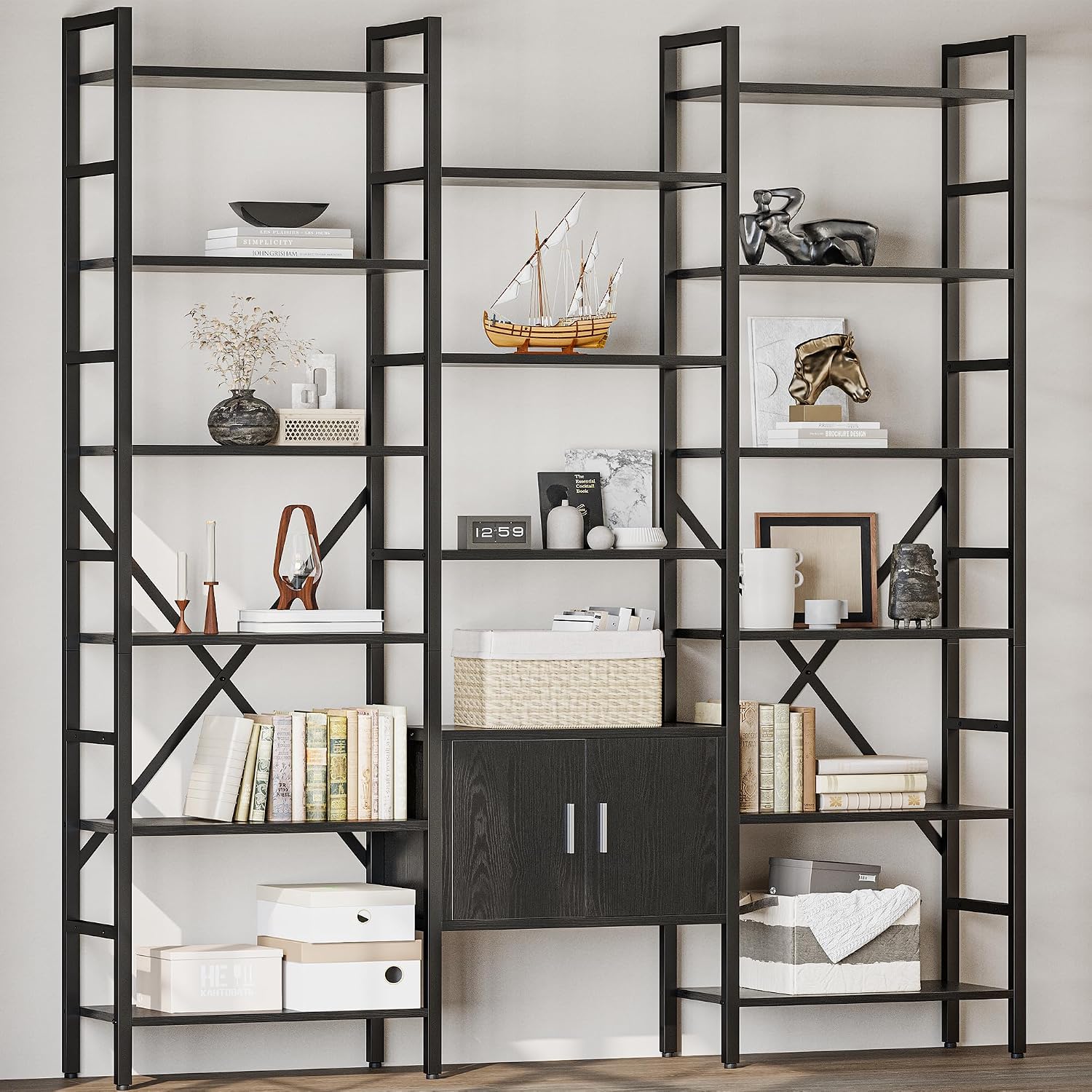 70x78 ' Triple 6 Tier Book Shelf, Industrial Large Bookcase with Storage Cabinet, Tall Bookshelf with 16 Open Display Shelves Metal Frame Furniture for Living Room Bedroom Home Office Black