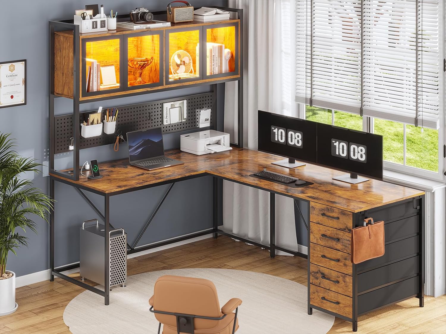 SEDETA L Shaped Gaming Desk with Drawers, L Shaped Computer Desk with Hutch and Storage Shelves, Gaming Desk with Pegboard, Led Lights, and Power Outlet, Home Office Desk, Corner Desk, Rustic Brown