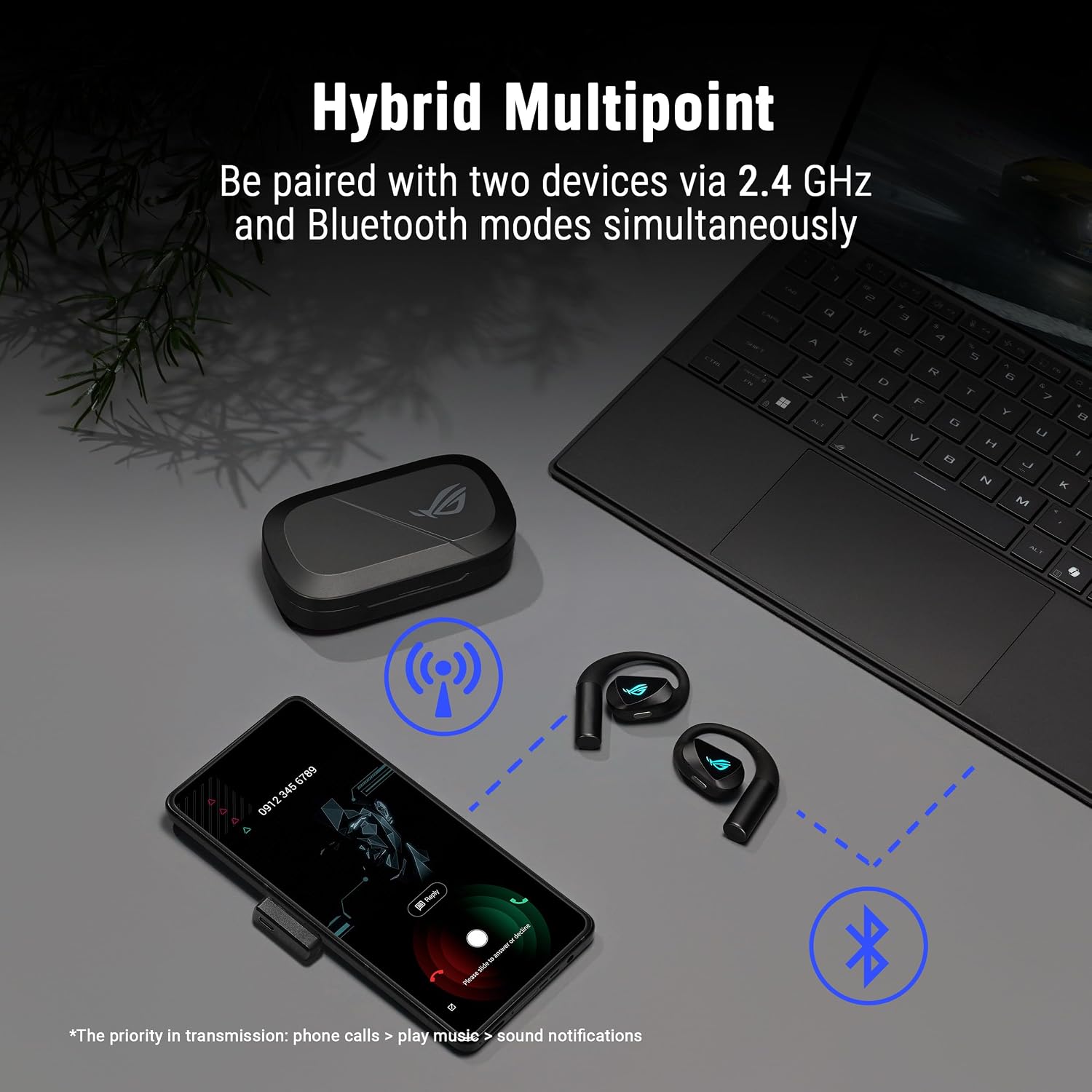 ASUS ROG Cetra Open Wireless Open Ear Earbuds – Dual-Mode (BT/2.4GHz), Quad AI Noise-Canceling Mic, Low Latency, 16H Playtime, IPX5 Water Resistant, for Daily/Workout/Outdoor/Gaming Use - Black