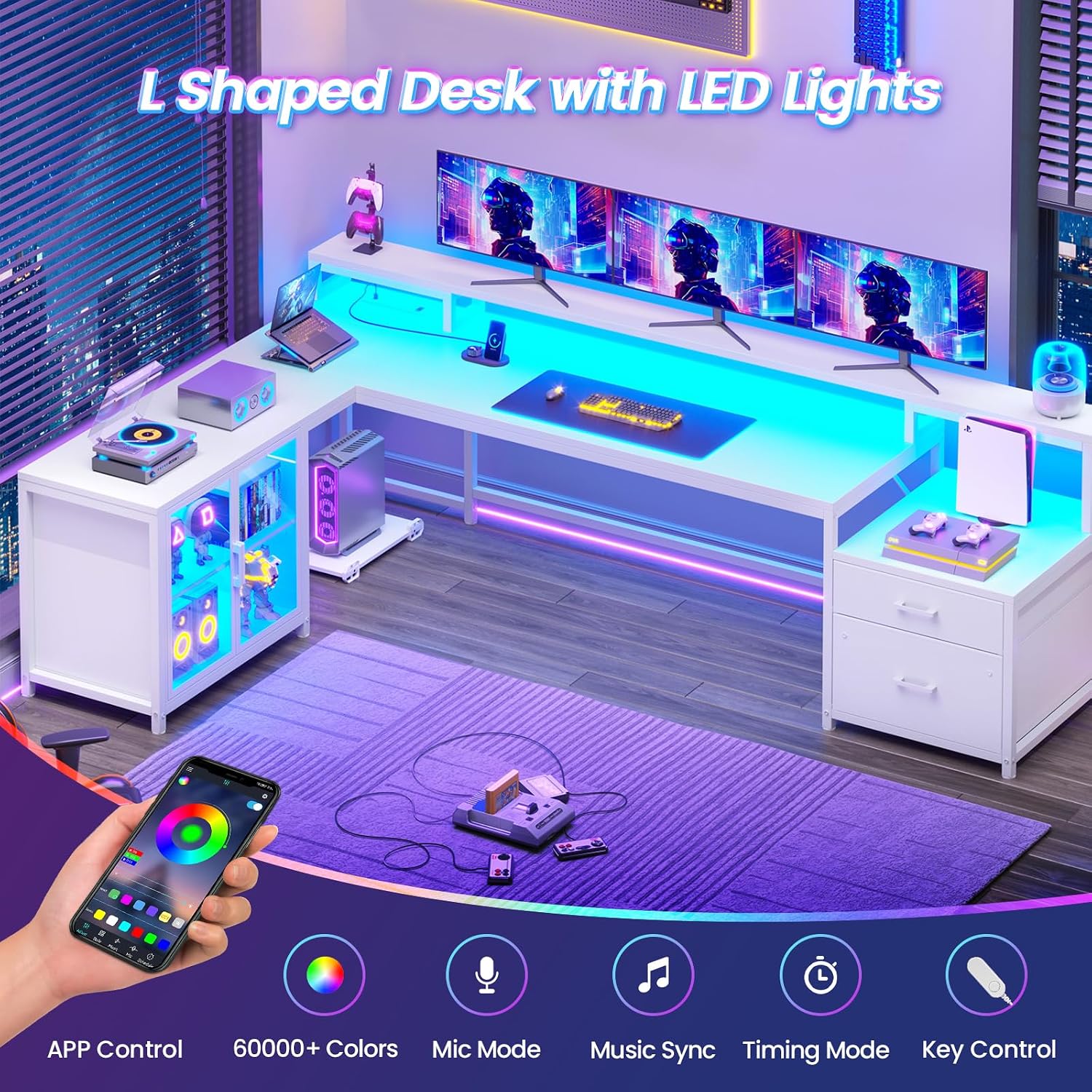 SEDETA 78.7' Large Gaming Computer Desk with Storage Drawers, Reversible L Shaped Office Desk with Display Cabinet and Power Outlet, Corner Gaming Desk with LED Lights for Home Office, White