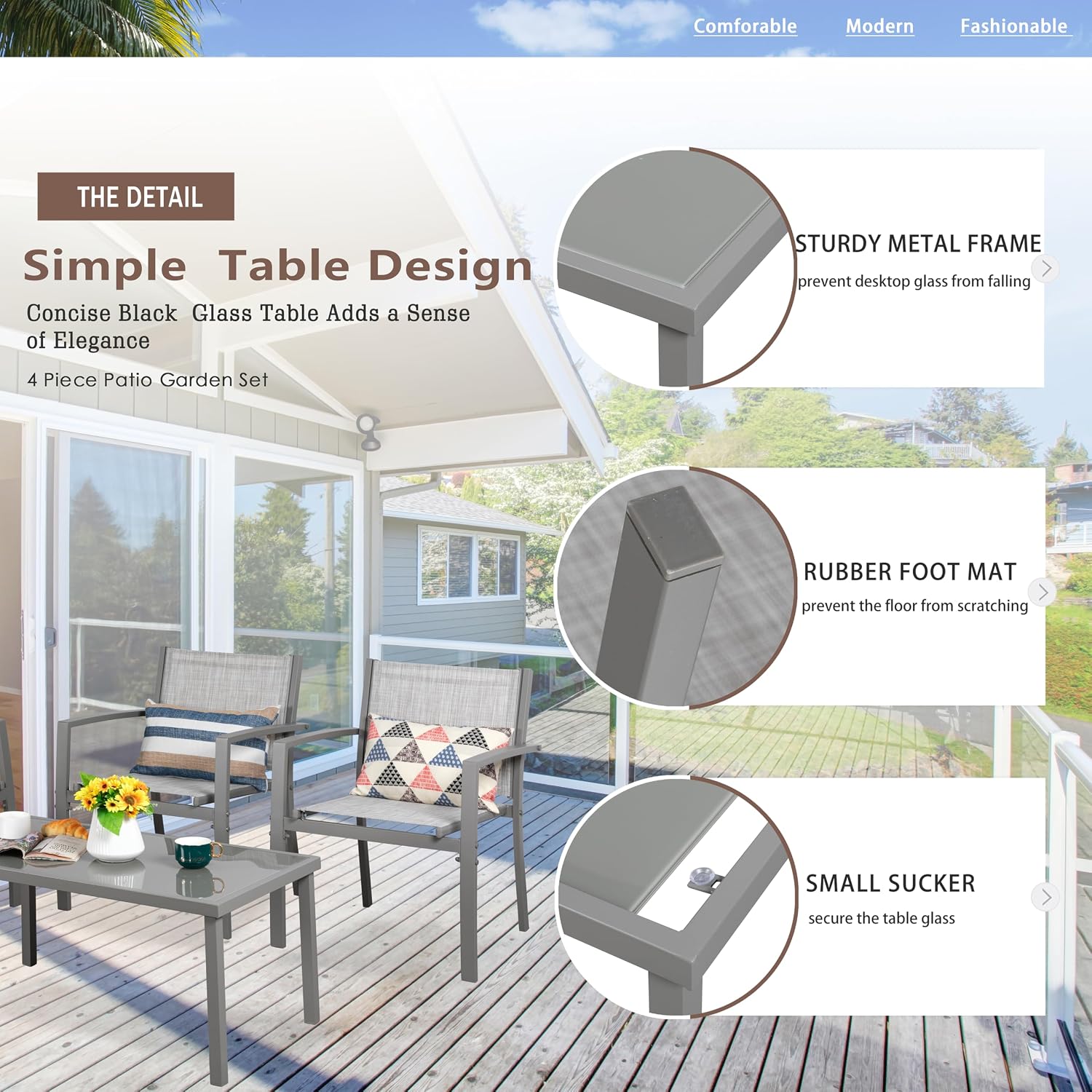 Vongrasig 4 Pieces Patio Furniture Sets,Outdoor Patio Conversation Sets with Glass Coffee Table, Small Porch Balcony Furniture, Patio Table and Chairs Set for Garden, Backyard (Silver)