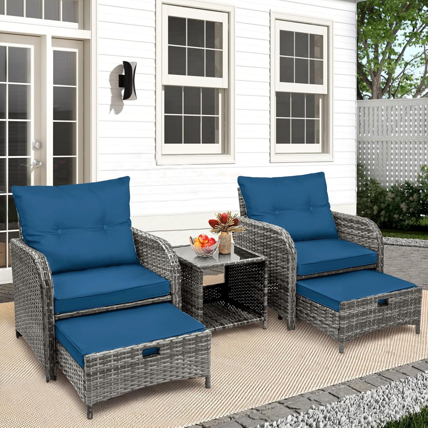 5 Pieces Wicker Outdoor Patio Chairs with Ottomans, All Weather PE Rattan Outdoor Conversation Set Bistro Patio Furniture Set with Hidden Ottoman for Porch Backyard Balcony, Blue