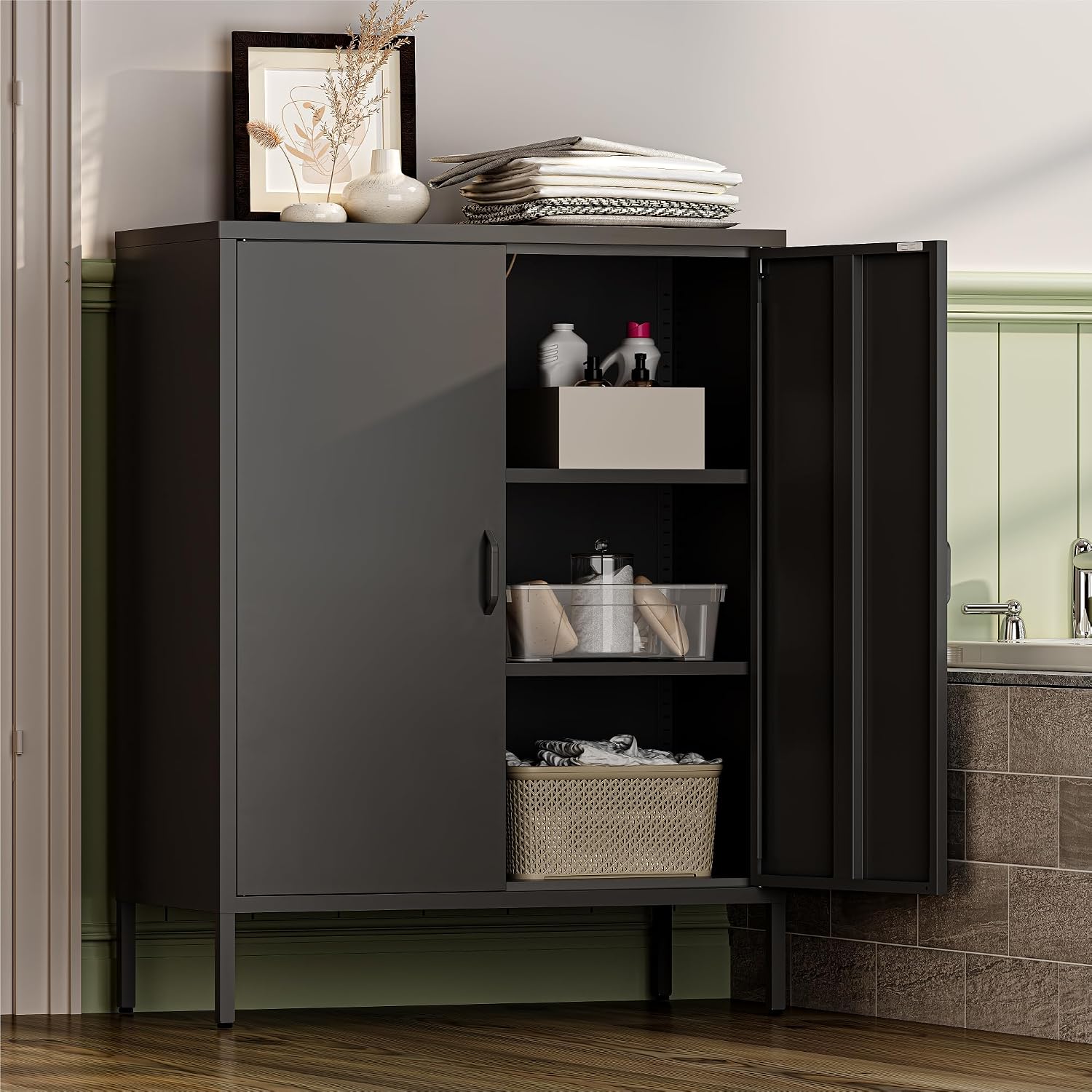YAUWOH Metal Locker Storage Cabinet with 2 Doors and 4 Shelves，39.96' Tall Steel Office Cabinet,Bathroom Floor Locker，for Office,Home,Garage,Gym,School (Black)