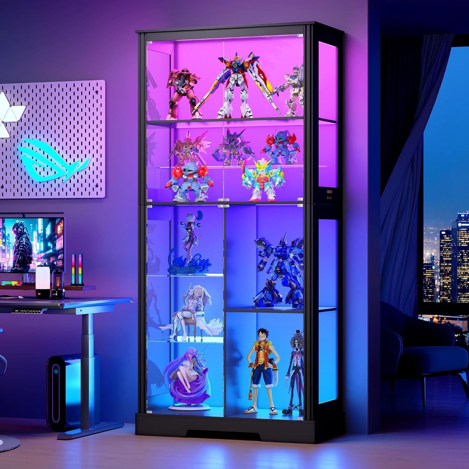 HNEBC Glass Display Cabinet with RGB Lights, 71'' Curio Cabinet with Glass Doors, 5-Tier Display Cases and Human Sensor, Bookcases for Collectibles, Books,Toys, Black