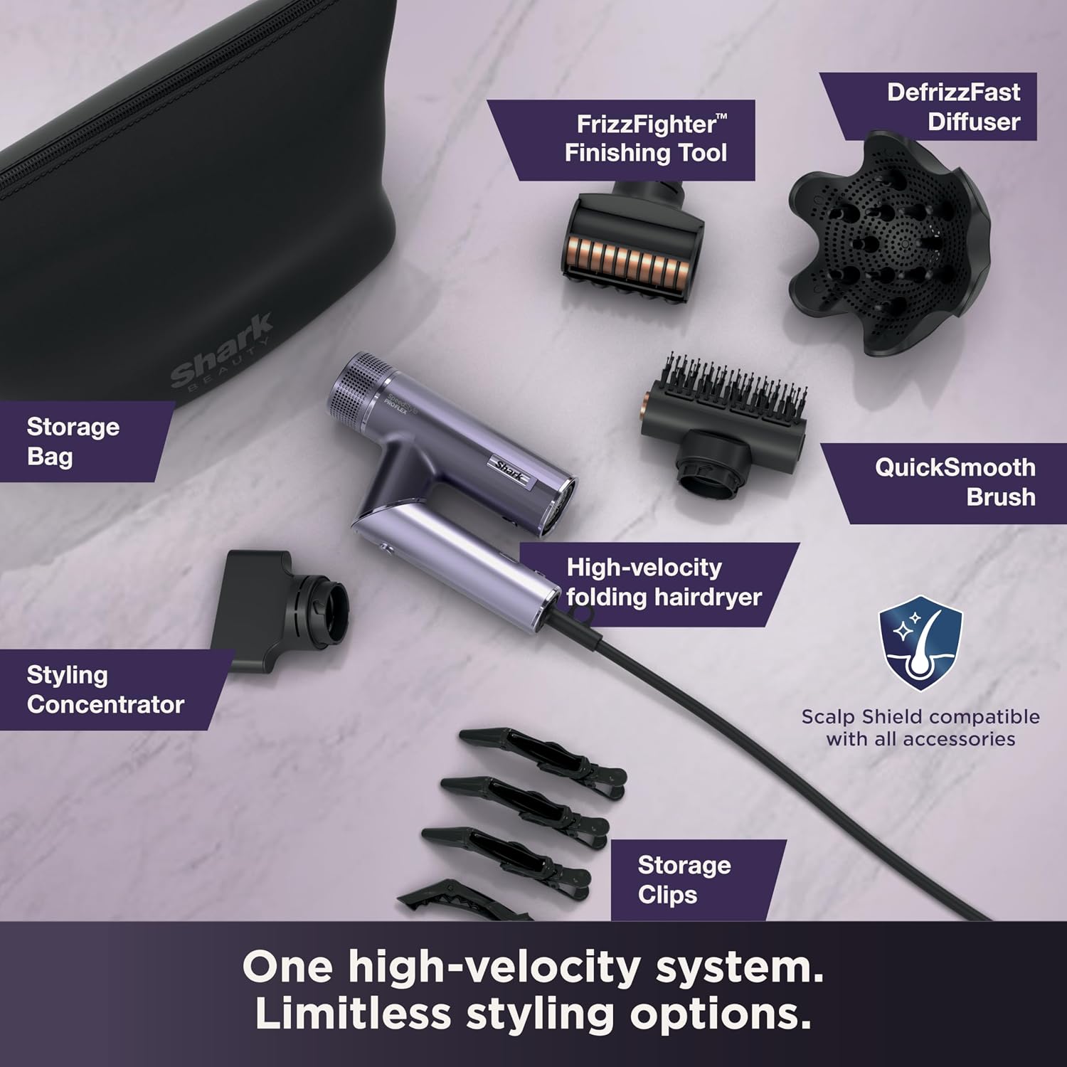 Shark SpeedStyle Pro Flex Professional Performance High-Velocity Hair Dryer System with Scalp Shield & IQ Speed Styling and Drying Suite, Lightweight, Ionic, No Heat Damage, HD543PL