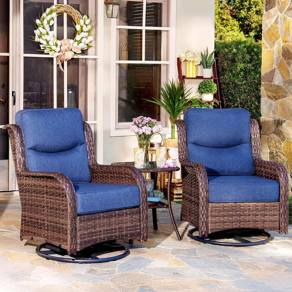 HILLGA 3-Piece Luxury Patio Furniture Set with 6' Thick Cushions, Weather-Resistant Wicker High Back Swivel Rocker Chairs, Senior-Friendly Conversation Set for Small Porch, Deck and Sunroom, Blue(V2)