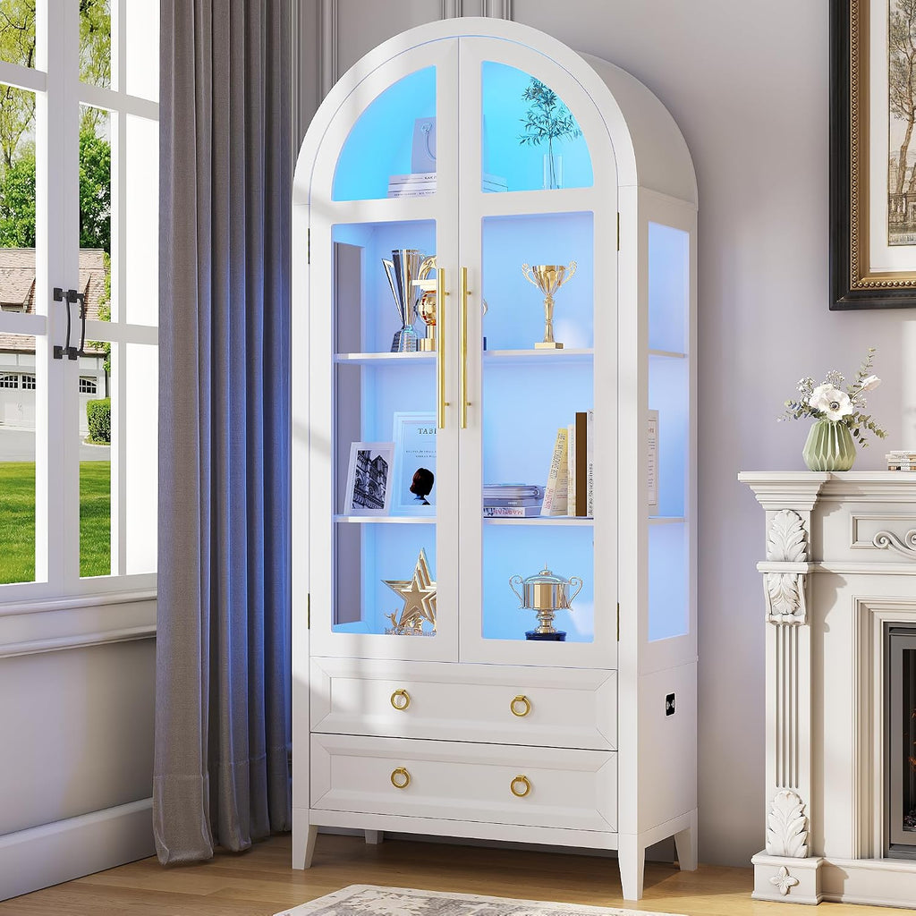 LVSOMT 71' Tall Arched Storage Cabinet with Glass Doors and Drawers, Curio Display Cabinet with Adjustable LED Light & Human Sensor, 4-Tier China Cabinet for Living Room(White)