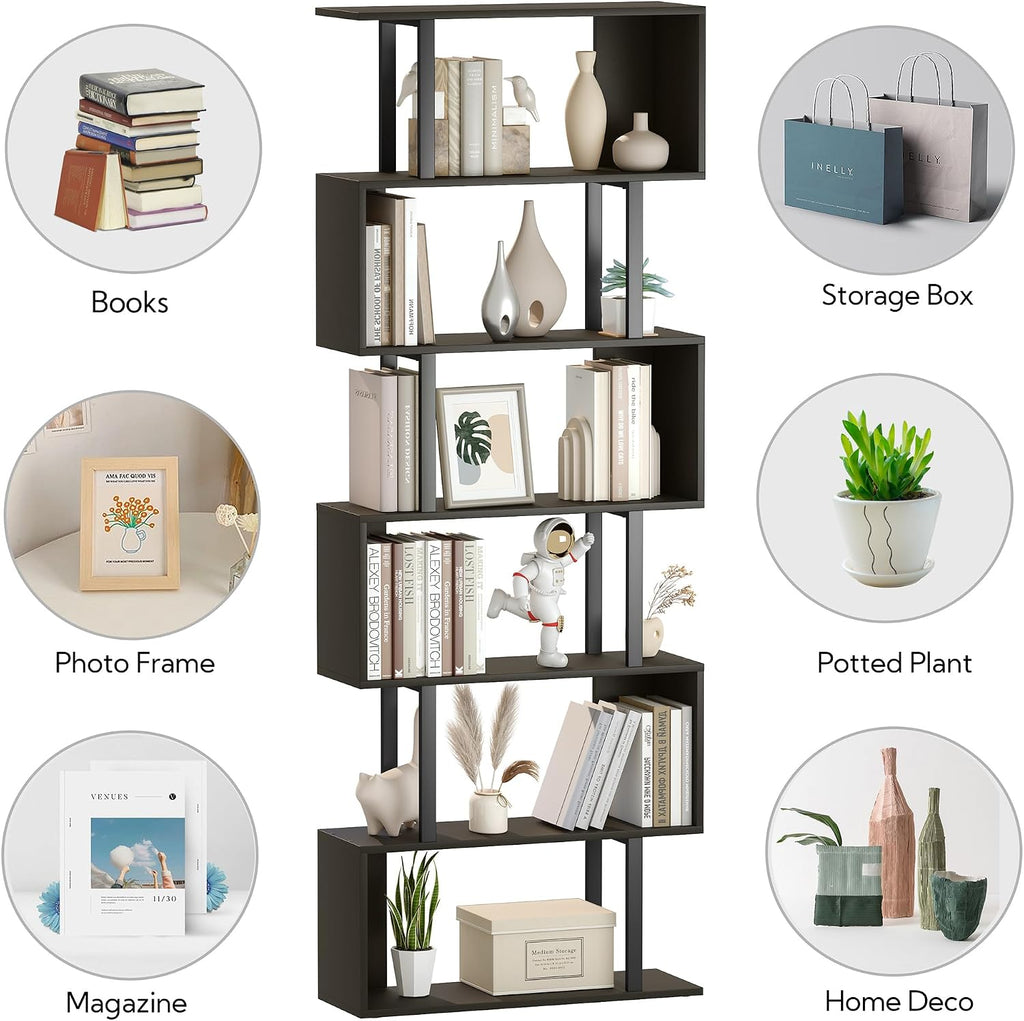 Yusong S Shaped Bookshelf, Modern Geometric Bookcase, 6-Tier Black Display Case Book Shelf
