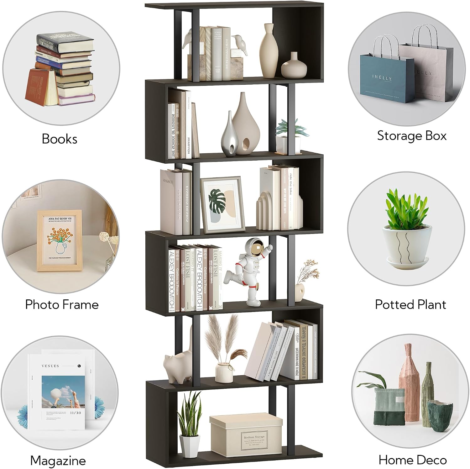 Yusong S Shaped Bookshelf, Modern Geometric Bookcase, 6-Tier Black Display Case Book Shelf
