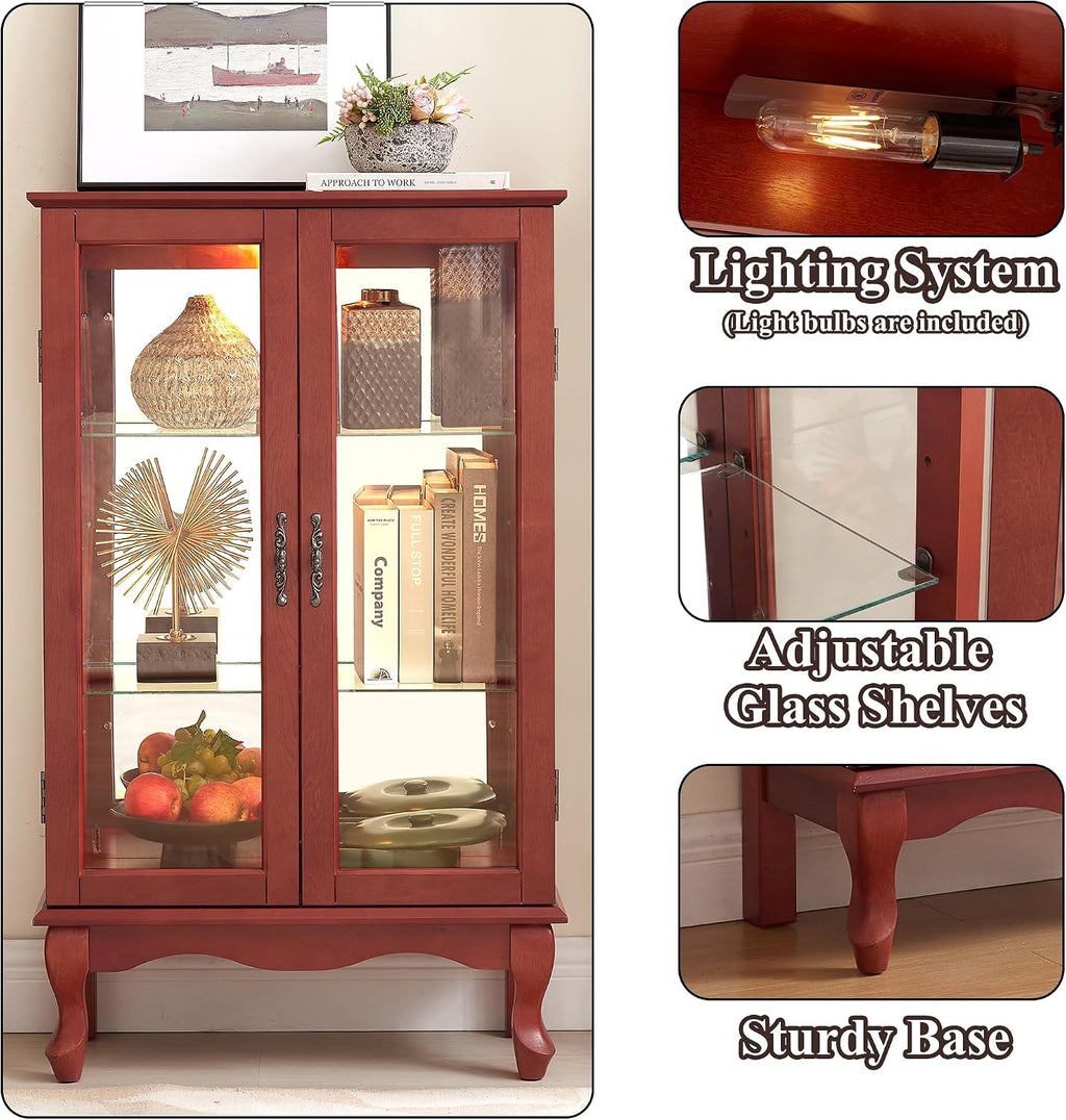 43' H Lighted Curio Cabinet Display Case with Light Bulb, Glass Curio Cabinet with Adjustable Shelves & Tempered Glass Door, Wooden Cabinets w/Mirrored Back Pane for Living Room(Cherry)
