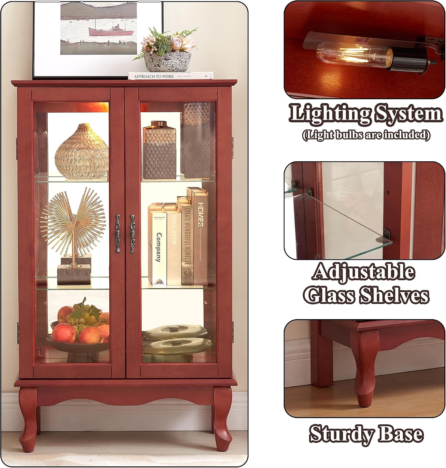 43' H Lighted Curio Cabinet Display Case with Light Bulb, Glass Curio Cabinet with Adjustable Shelves & Tempered Glass Door, Wooden Cabinets w/Mirrored Back Pane for Living Room(Cherry)