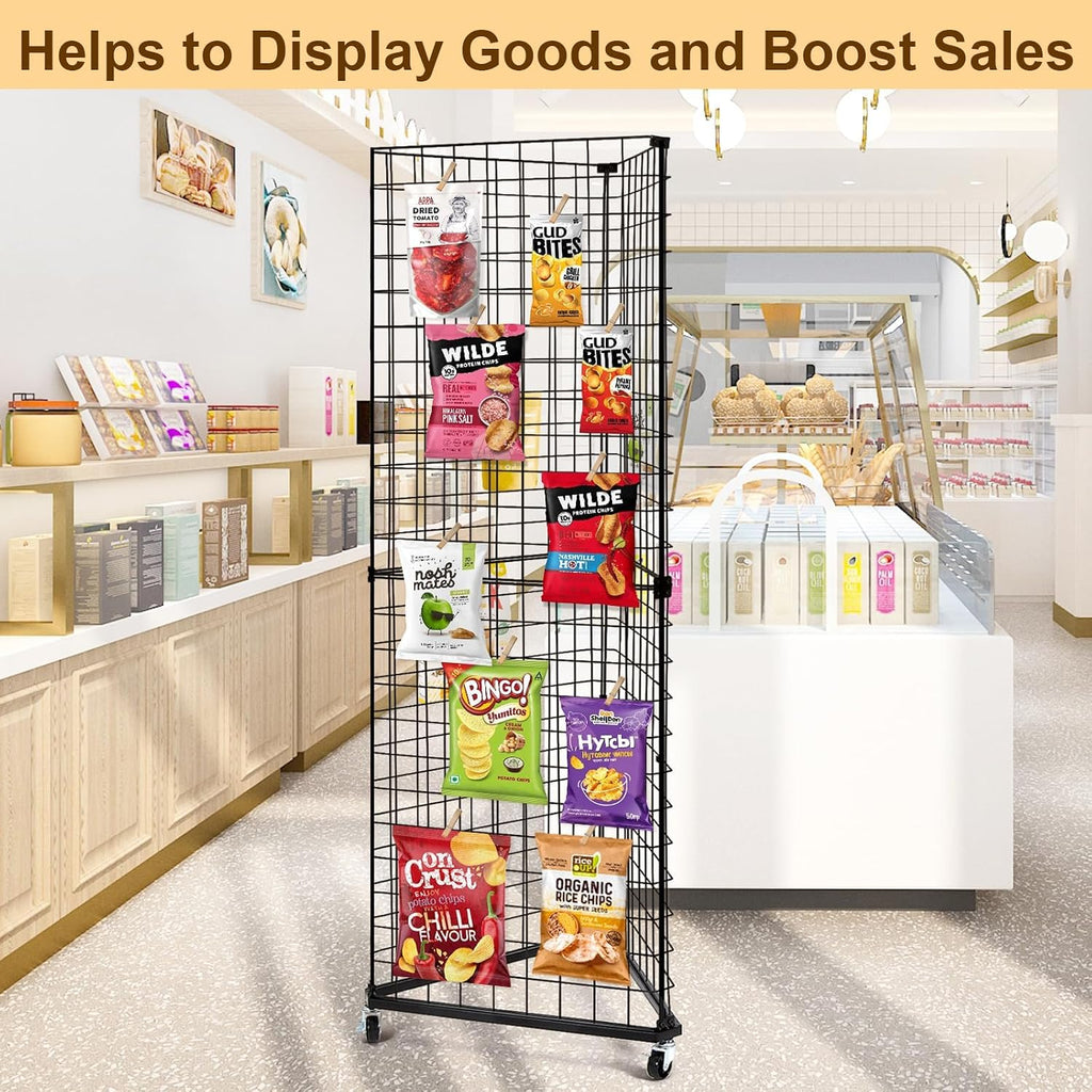 GADFISH Triangular Gridwall Panel Display Stand, Black Triangle Wire Grid Tower with Base and Casters, 24' x 68' Rolling Grid Wall, Panel Stand for Home Organization, Retail, Trade Show, Vendor