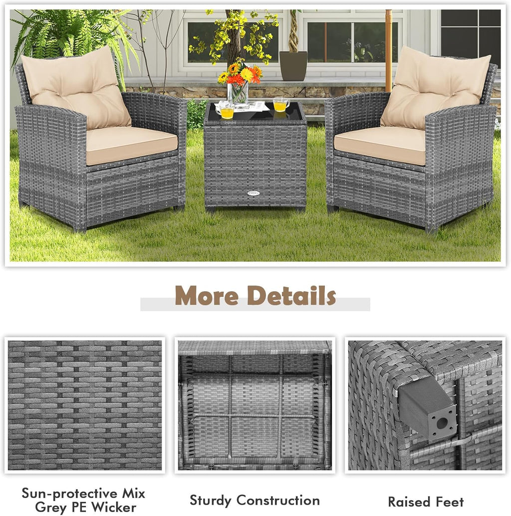 Tangkula 3 Pieces Wicker Patio Furniture Set, Outdoor Rattan Conversation Cushioned Chair Set with Tempered Glass Side Table, for Porch, Balcony and Garden