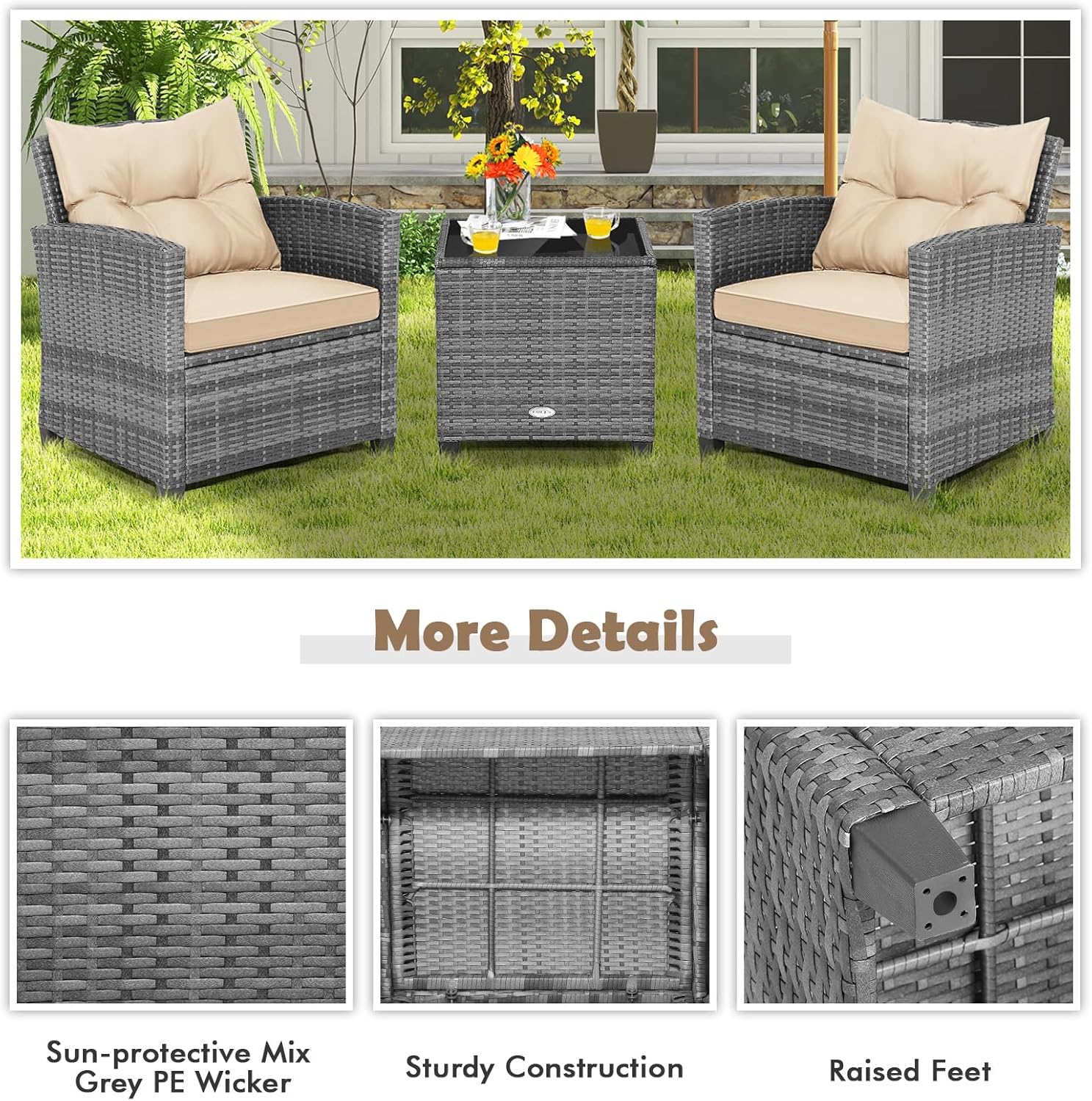 Tangkula 3 Pieces Wicker Patio Furniture Set, Outdoor Rattan Conversation Cushioned Chair Set with Tempered Glass Side Table, for Porch, Balcony and Garden