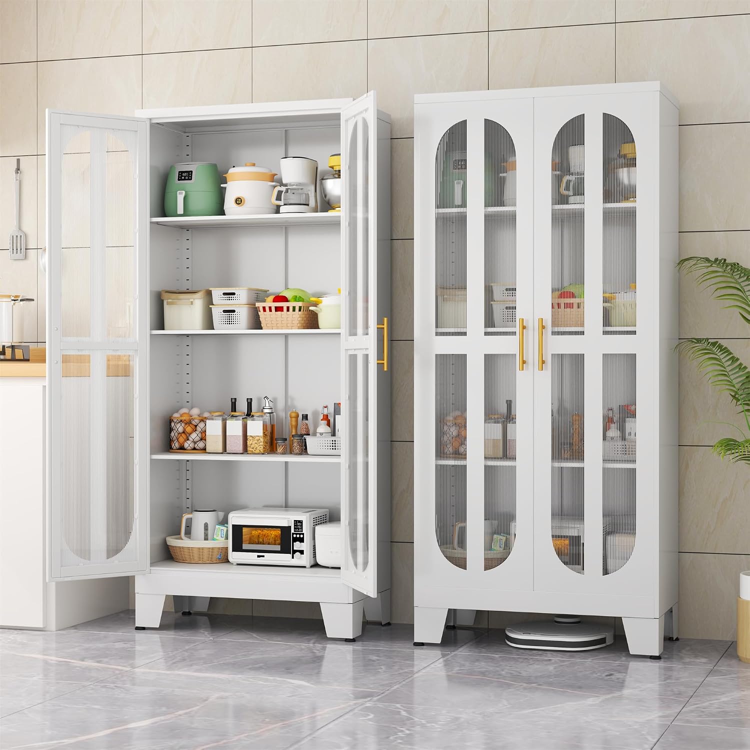 erosoei Metal Kitchen Pantry Storage Cabinet,Food Pantries Cabinets with Acrylic Glass Doors and Adjustable Shelves,Storage Cupboard for Kitchen, Living Room, Laundry Room and Dinning Room 61.02'H