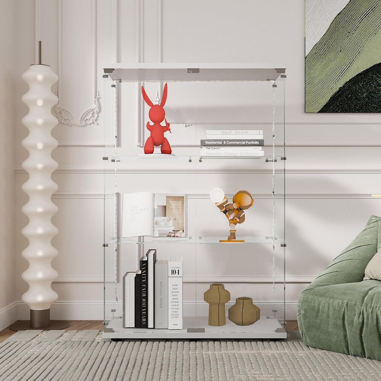 Glass Display Cabinet with LED Lights Elegant Double Doors 3 Shelves Glass Curio Cabinet with Lock 49.3' High Glass Curio Display Cabinet Showcase for Living Room,Bedroom,White