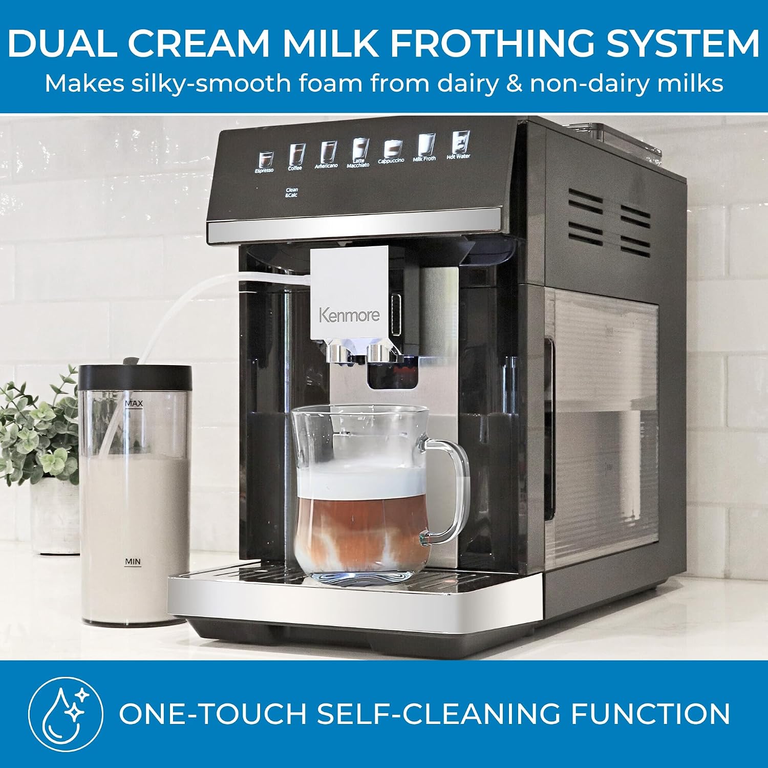 Kenmore Fully Automatic Coffee Maker - With Grinder, Milk Frother & Steamer, Auto Tamper, Descaler Expresso Machine, cafeteras electricas modernas machines For Home/Office Black