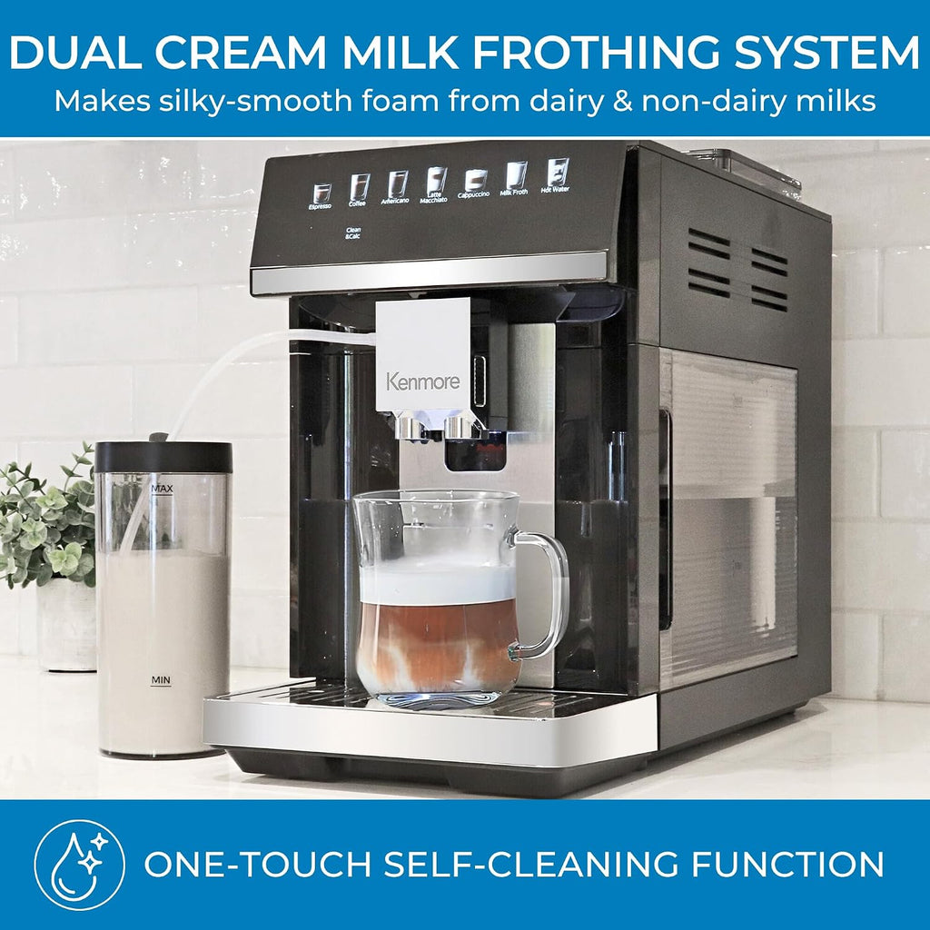 Kenmore Fully Automatic Espresso Machine – Programmable Coffee Machine With Integrated Bean Grinder, Milk Steamer, Frother, Descaler, Barista Cappuccino, Latte, Americano Brewing System, Black