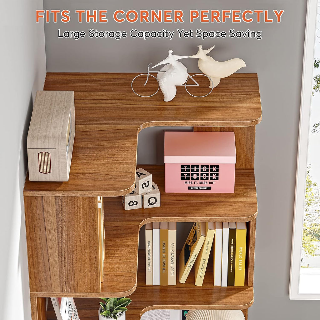 LITTLE TREE 6-Shelf Corner Bookshelf, 65' Tall L Shaped Bookcase, 6-Tier Industrial Corner Shelf Storage Display Rack for Living Room Home Office, Wood Grain Walnut