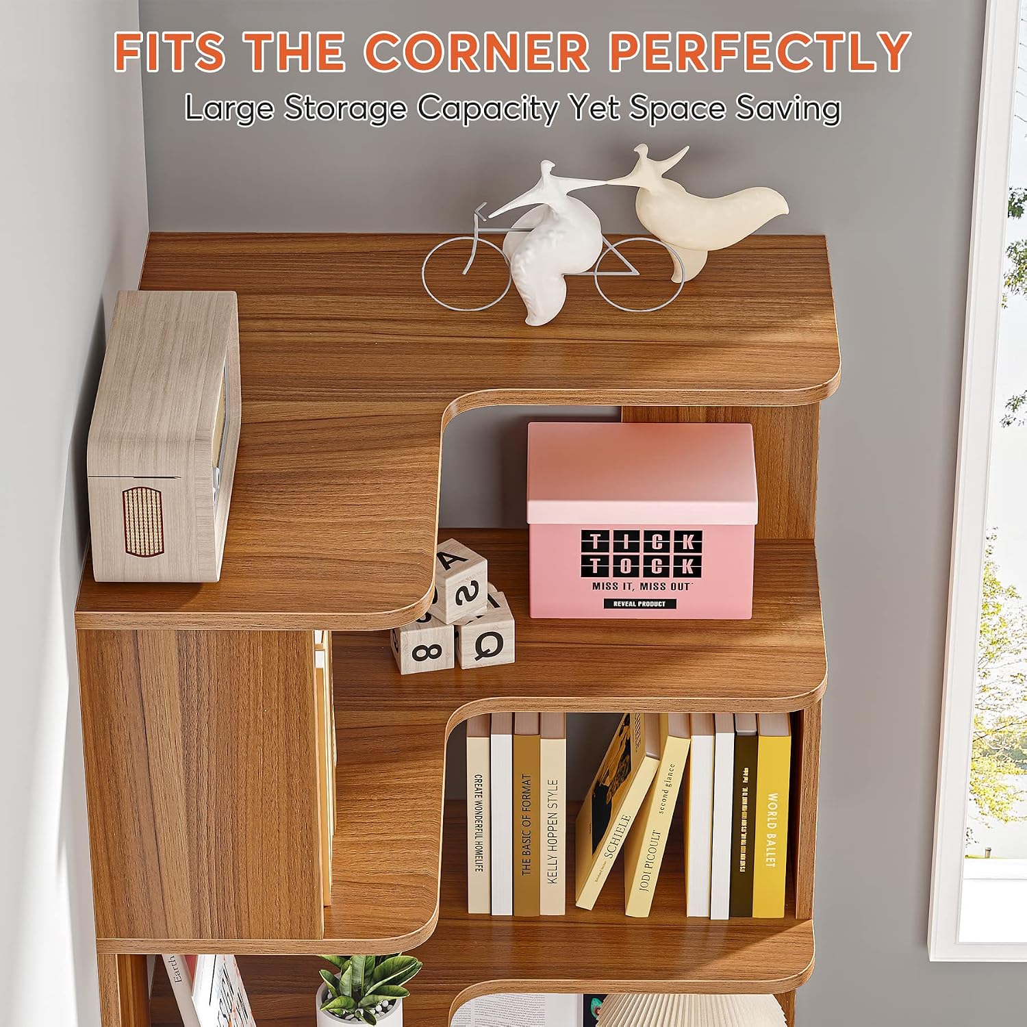 LITTLE TREE 6-Shelf Corner Bookshelf, 65' Tall L Shaped Bookcase, 6-Tier Industrial Corner Shelf Storage Display Rack for Living Room Home Office, Wood Grain Walnut