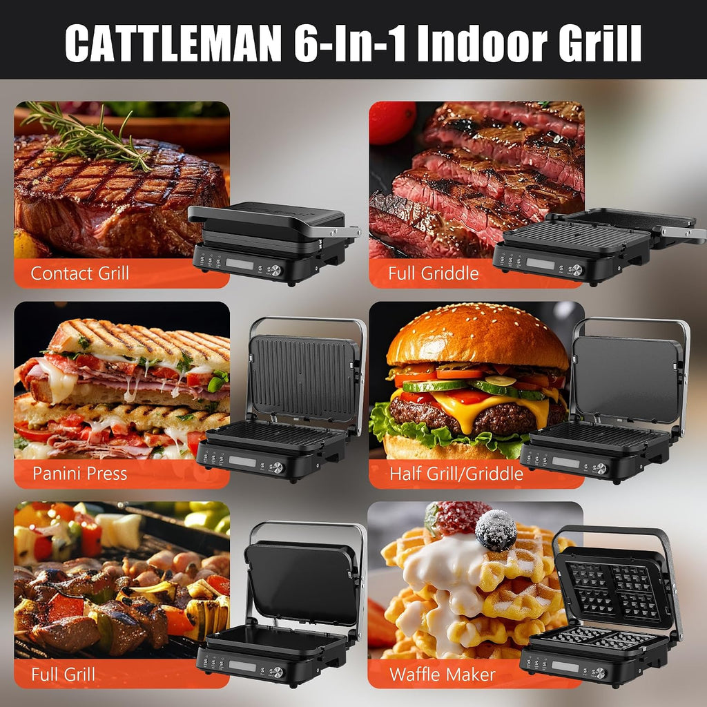 CATTLEMAN Panini Grill Press Sandwich Maker with Removable Plates, 1600W, 6 in 1 Waffle Maker & Electric Indoor Grill with Meat Thermometer, PFAS Free Ceramic Nonstick Reversible Plates, Opens Flat