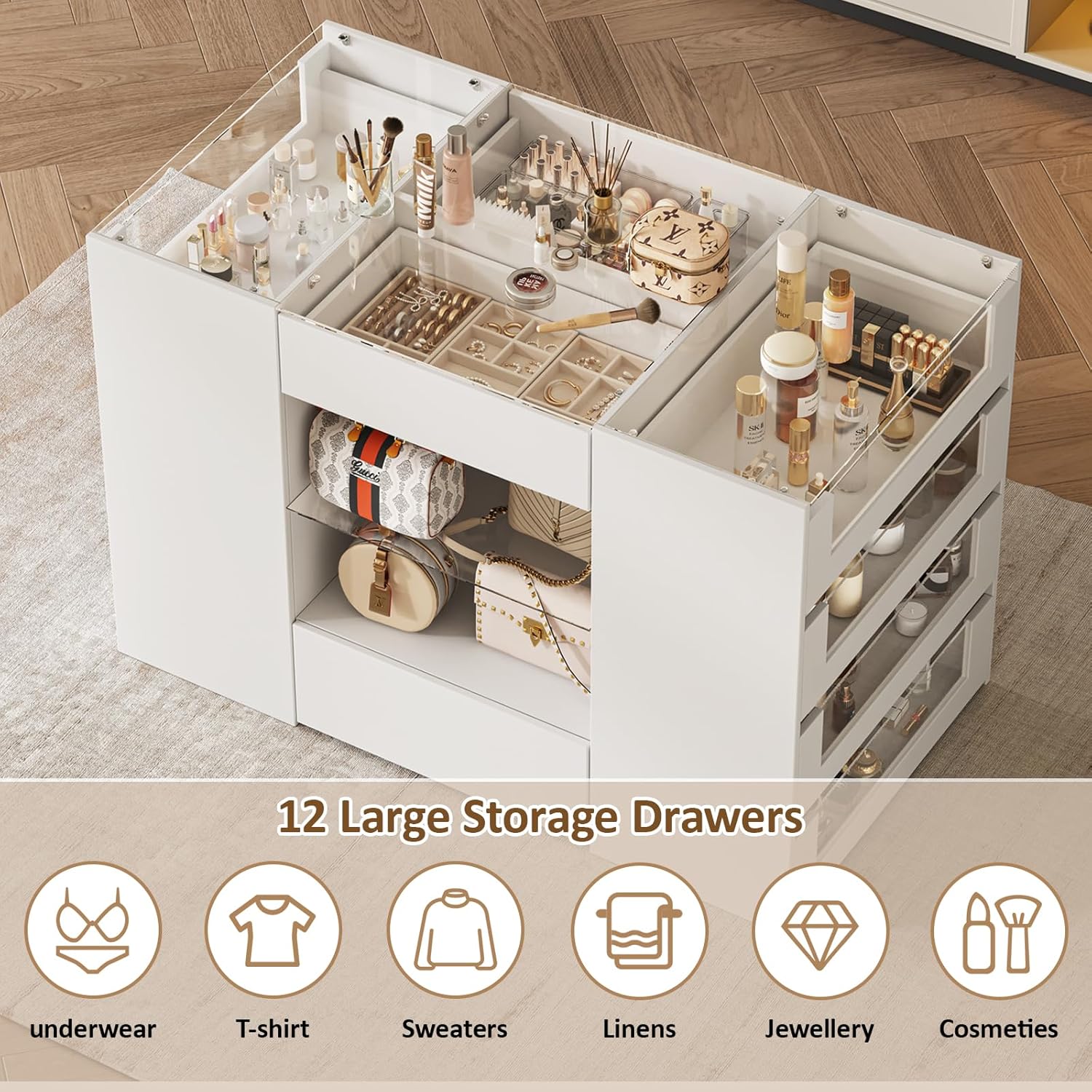 LIVAUVEAD Closet Island with Drawers, Wardrobe Armoire Bedroom Island, Glass Display Shelf & 12 Drawers, White Dresser with Glass Top, Walk-in Closet Island for Bedroom, Cloakroom