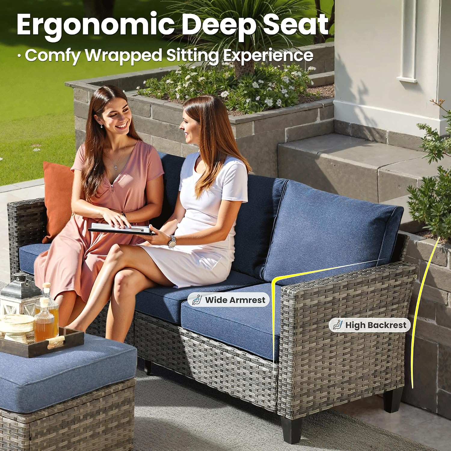 ovios Patio Furniture Set, 7 Pieces Outdoor Wicker Sofa Couch with 4 Chairs, Ottomans and Comfy Cushions, All Weather High Back Rattan Conversation Set, Denim Blue