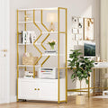 Keyluv 76' Tall Gold Bookshelf with Cabinet Storage, Multifunctional Open Display Bookcase with Door, Large Book Shelf Organizer for Living Room, Home, Office, Heavy Duty Metal & Wood, Modern White