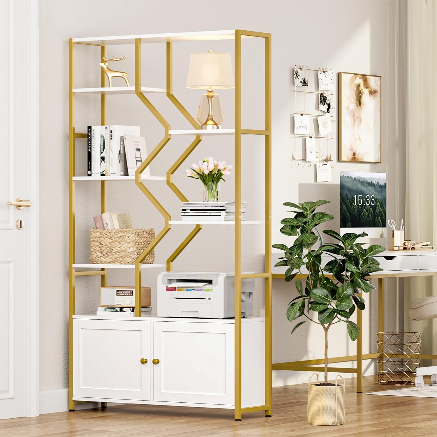Keyluv 76' Tall Gold Bookshelf with Cabinet Storage, Multifunctional Open Display Bookcase with Door, Large Book Shelf Organizer for Living Room, Home, Office, Heavy Duty Metal & Wood, Modern White