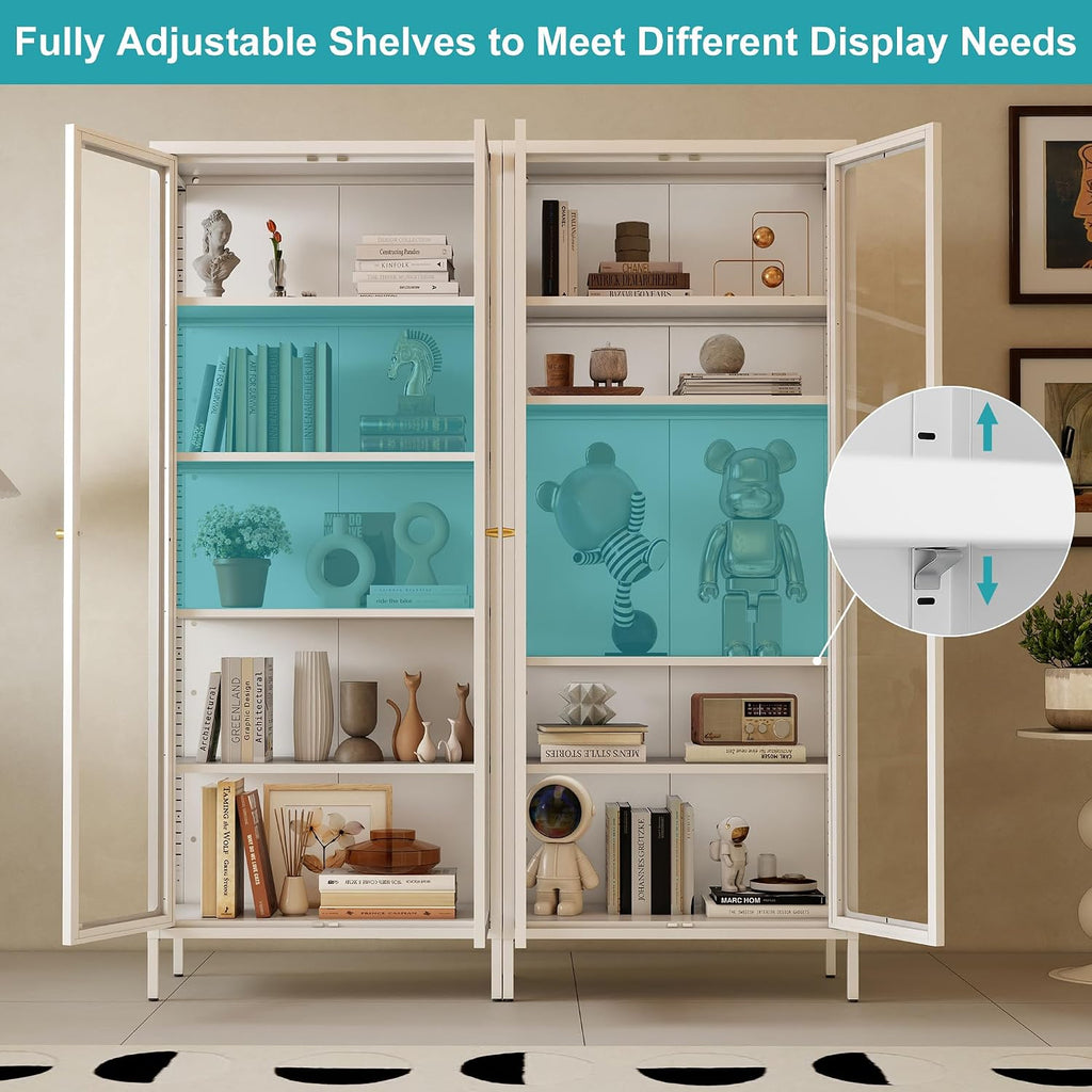 5 Tier Glass Display Cabinet with 13 Color LED Lights, 67' Lighted Curio Cabinet with Glass Doors & Adjustable Shelves, Tall Metal Display Case for Collectibles Figures- White
