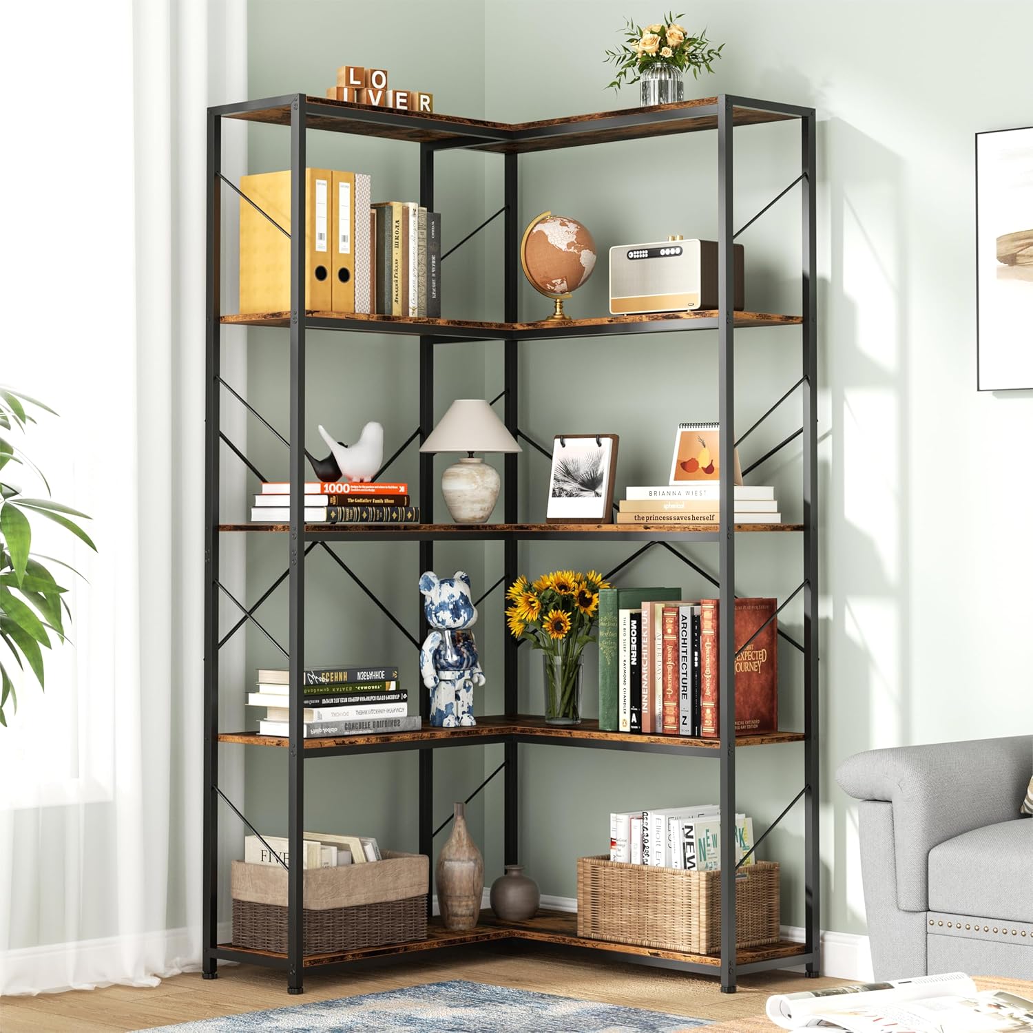 5 Tiers Corner Bookshelf, L-Shaped Bookcase Storage Organizer, Display Shelf Free Standing Book Shelf for Home Office, Living Room, Kitchen, Bedroom, Rustic Brown