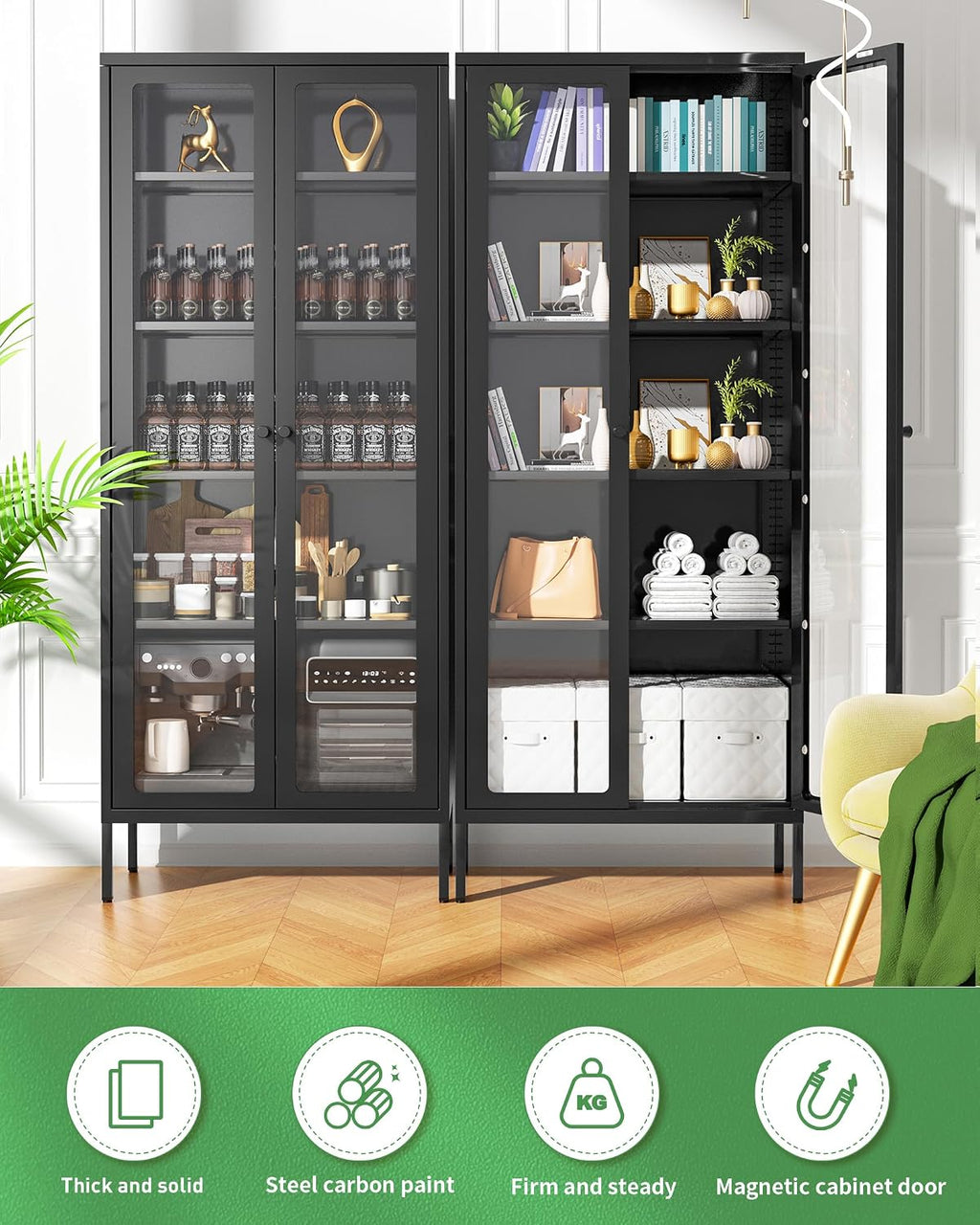 Bonusall Display Cabinet with Glass Doors,67' Metal Display Curio Cabinet with Glass Doors and 4 Adjustable Shelves for Collectibles,Home Office,Living Room,Gaming Room(Black)