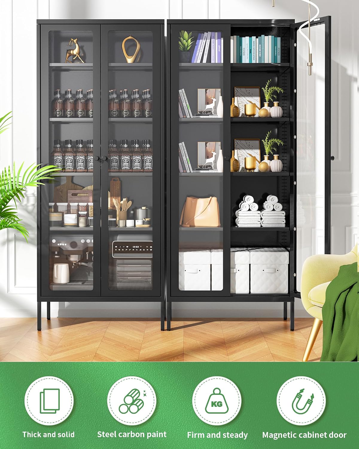 Bonusall Display Cabinet with Glass Doors,67' Metal Display Curio Cabinet with Glass Doors and 4 Adjustable Shelves for Collectibles,Home Office,Living Room,Gaming Room(Black)