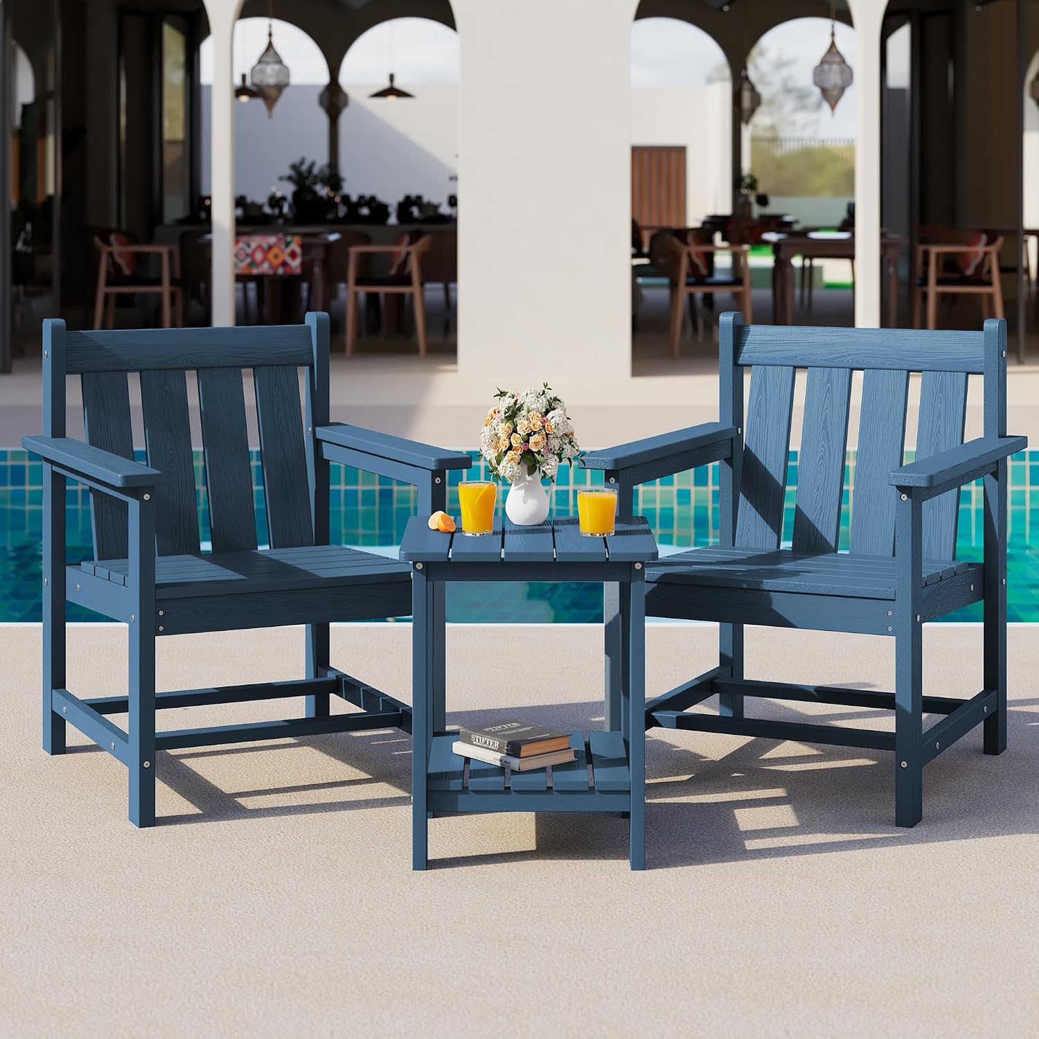 SEWRWALL Patio Furniture Set, HDPE Material All Weather Use Adirondack Chair Set with Side Table for Balcony, Porch, Garden, Backyard- Navy