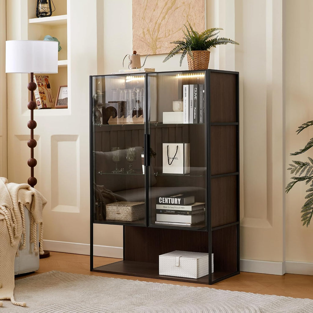 Merax Modern 4 Tier Bookshelf Black Bookcase with Glass Doors & 2 Drawers, 51.2' Tall Wood Display Cabinet with Adjustable Shelves for Living Room, Bedroom, Office Black+Walnut