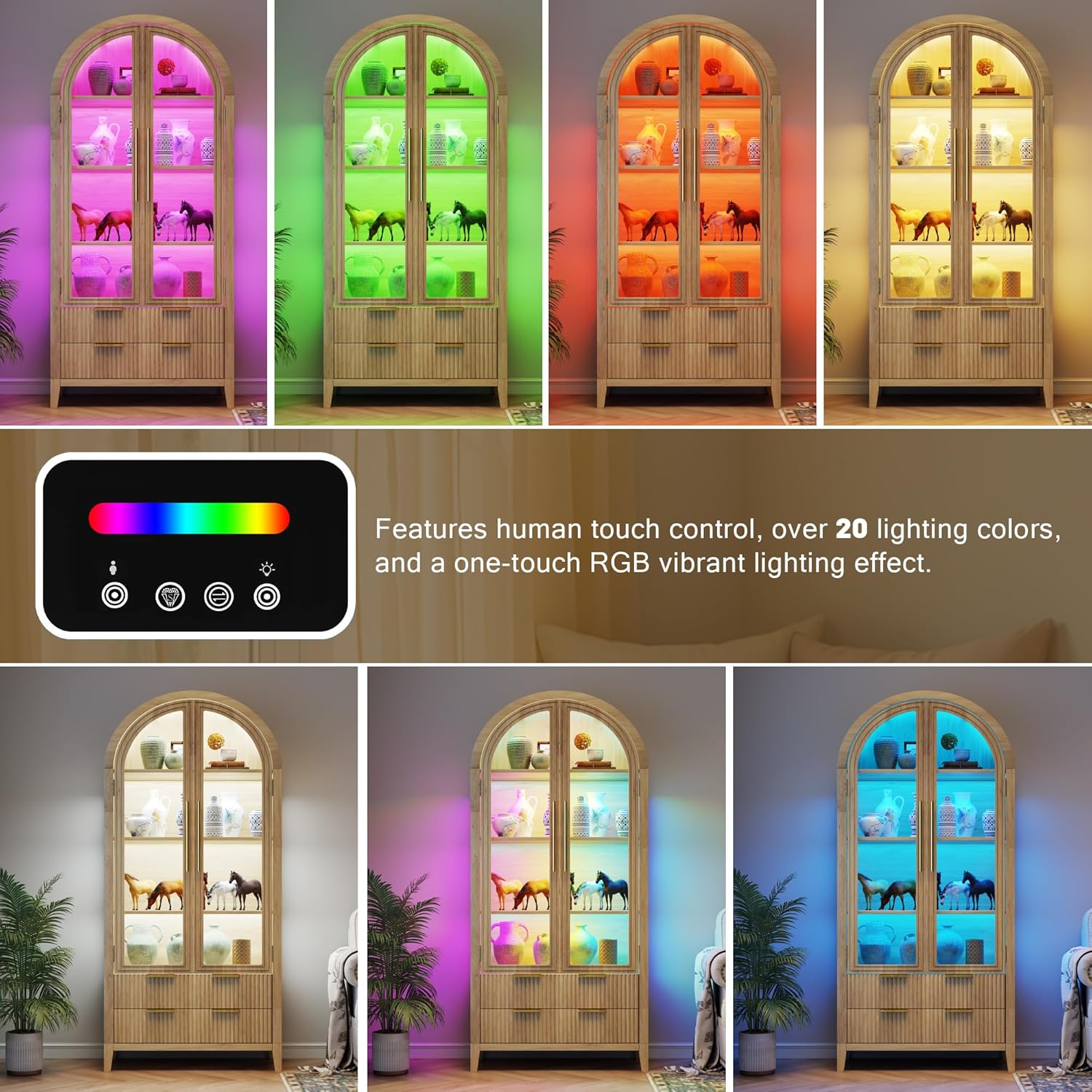 Vlsrka 71' Arched RGB Curio Cabinet with Glass Doors, 4-Shelves Tall Display Cabinet and 2 Drawers, LED Display Case with 20 Lights for Collectibles/Book/Medal/Figure, Wood Color