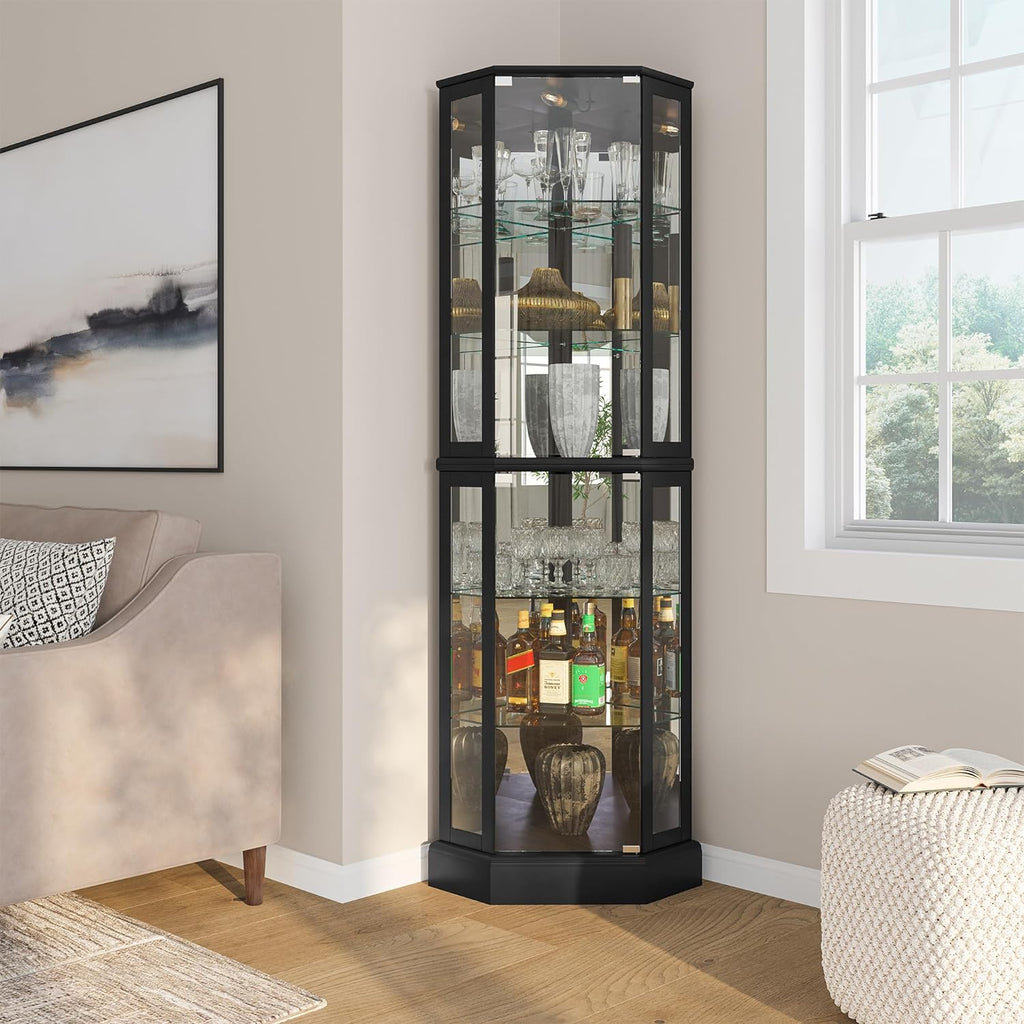 BELLEZE Lighted 3-Side Glass Display Curio Cabinet with Tempered Glass Doors and Shelves, Curved Wood Corner Cabinet with Bulb, Corner Curio Storage Rack for Bar and Liquor Storage - Ashfield (Black)